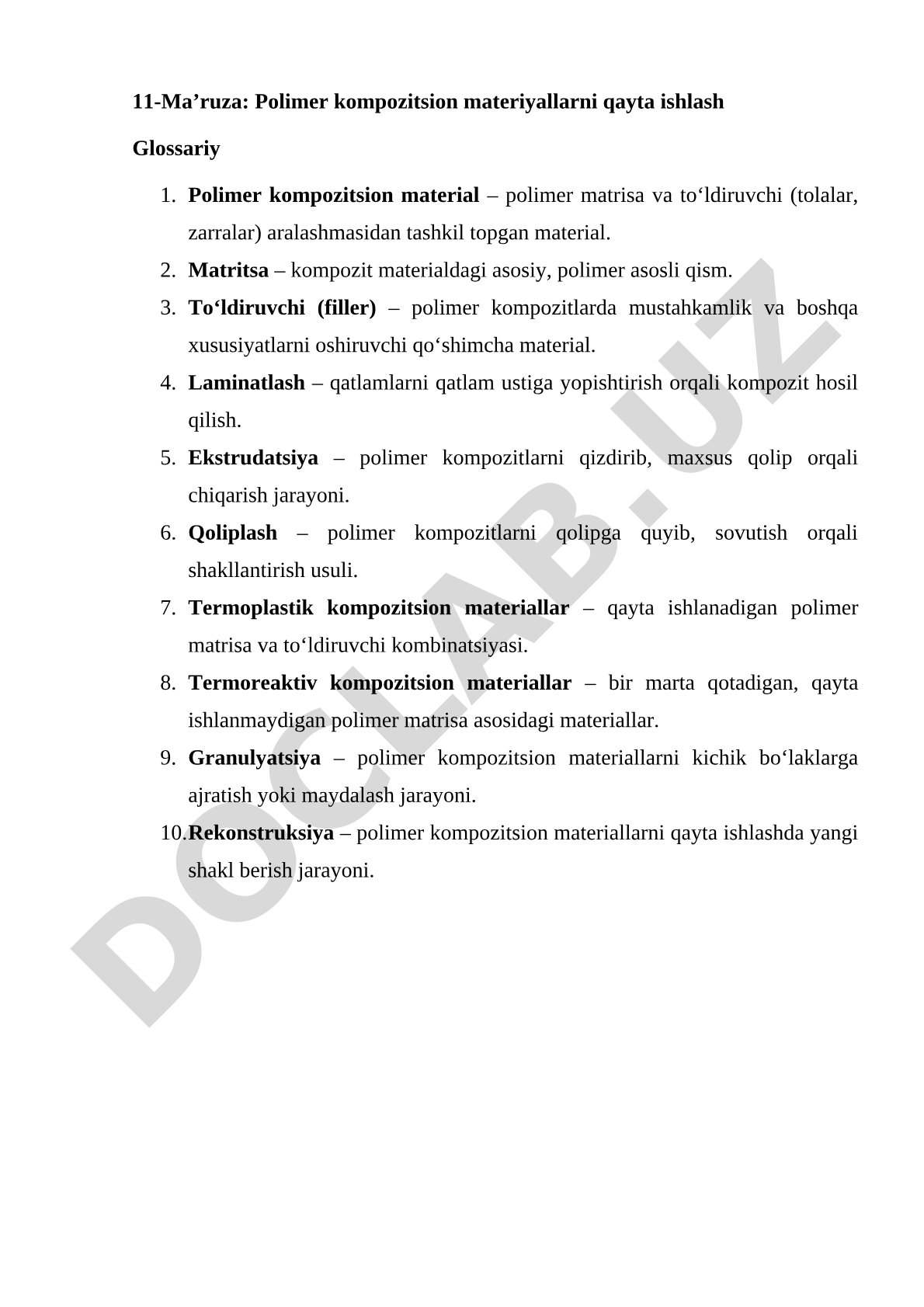 Polimer kompozitsion materiyallarni qayta ishlash