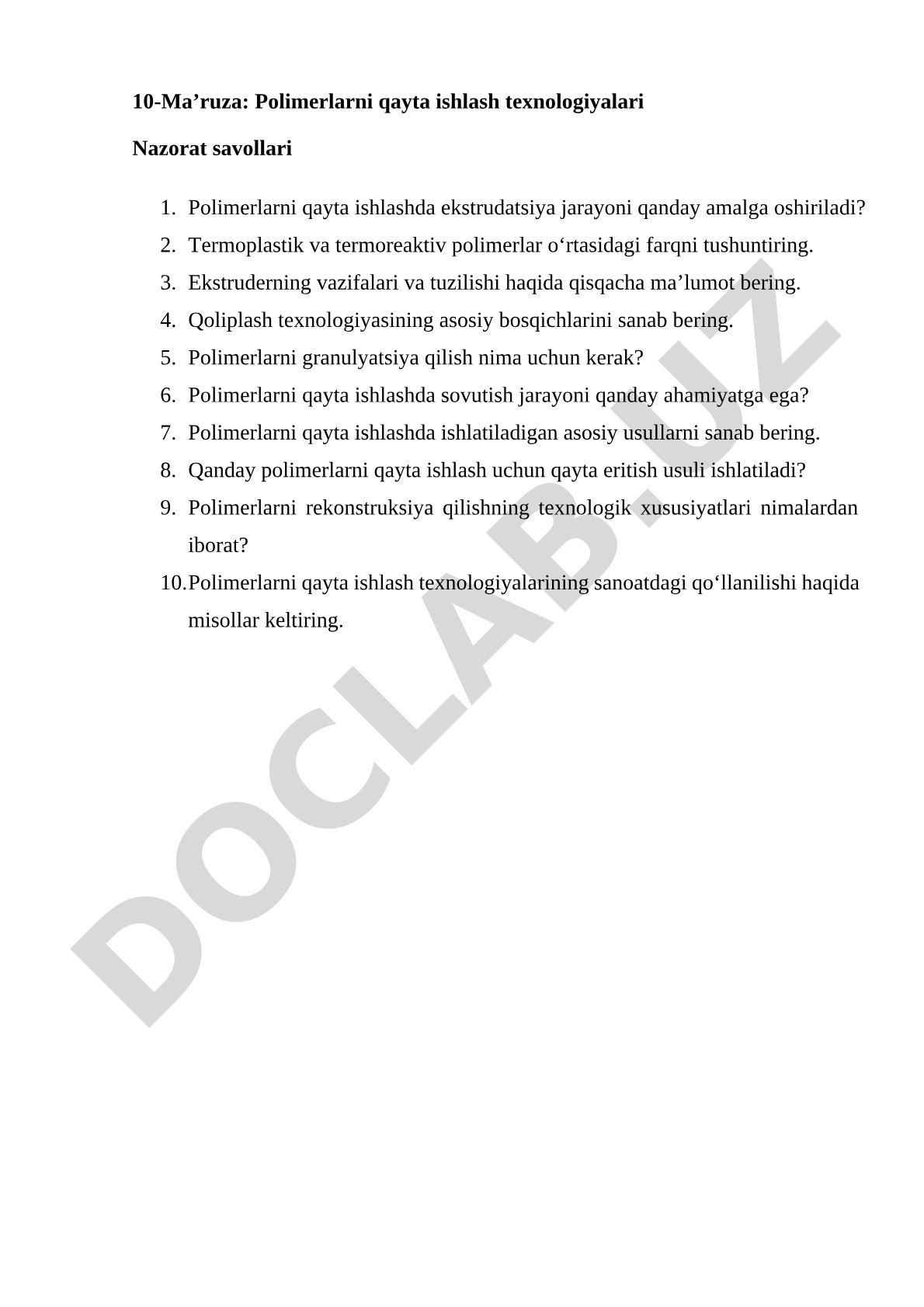 Polimerlarni qayta ishlash texnologiyalari
