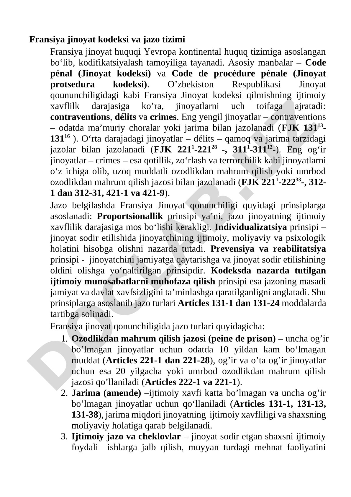 Fransiya jinoyat kodeksi va jazo tizimi