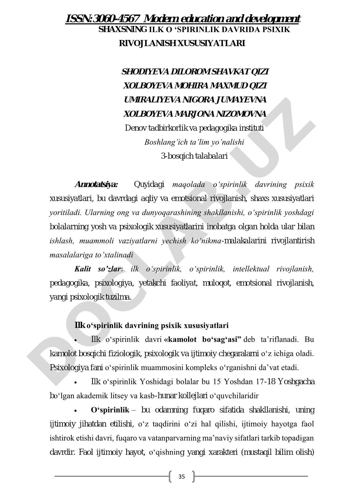 Shaxsning ilk o‘spirinlik davrida psixik rivojlanish xususiyatlari
