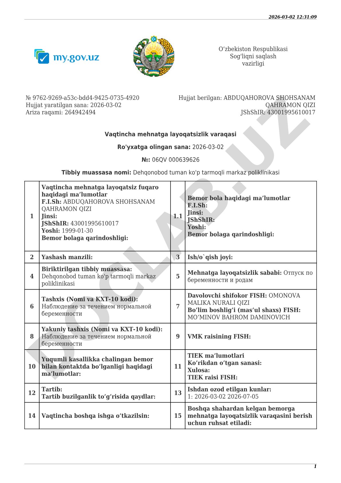 Vaqtincha mehnatga layoqatsizlik varaqasi (homiladorlik va tug'ish ta'tili)