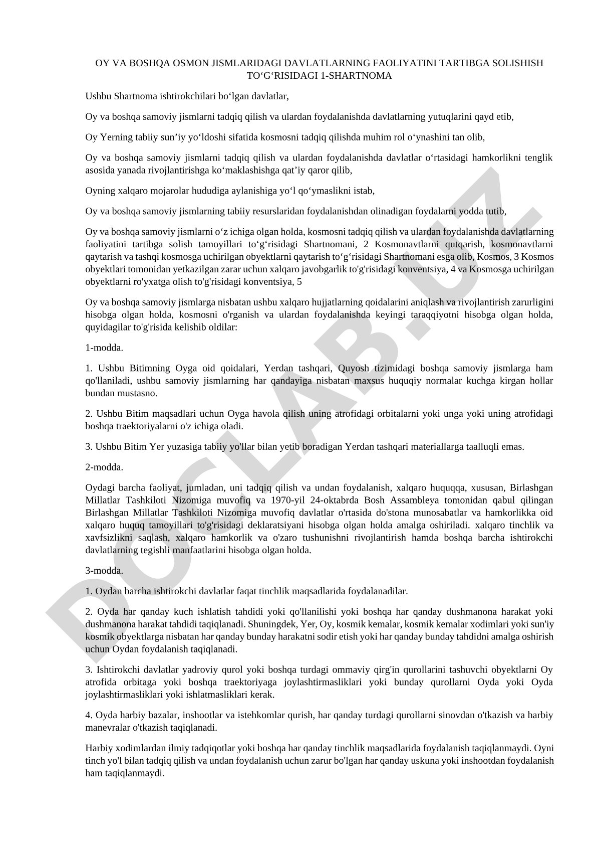 Oy va boshqa osmon jismlaridagi davlatlarning faoliyatini tartibga solish to‘g‘risidagi 1-shartnoma