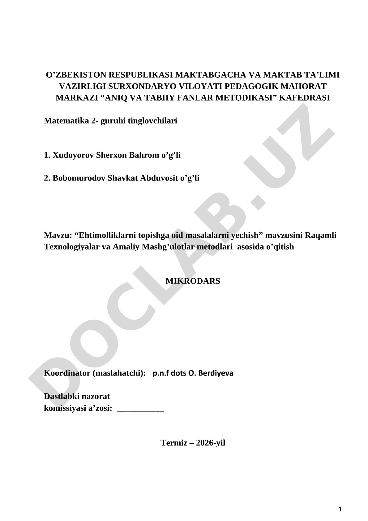 Ehtimolliklarni topishga oid masalalarni yechish mavzusini Raqamli Texnologiyalar va Amaliy Mashg'ulotlar metodlari asosida o'qitish
