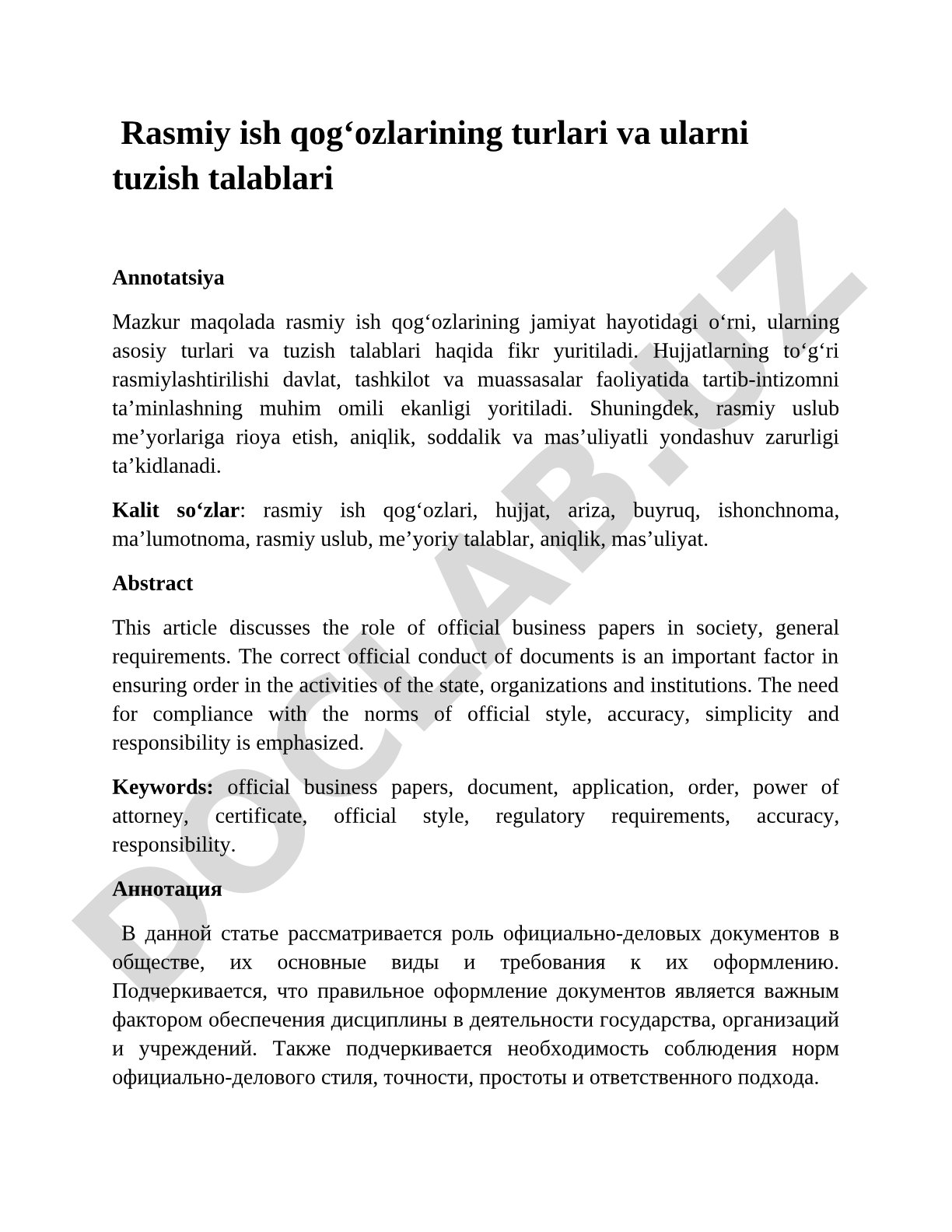 Rasmiy ish qog'ozlarining turlari va ularni tuzish talablari