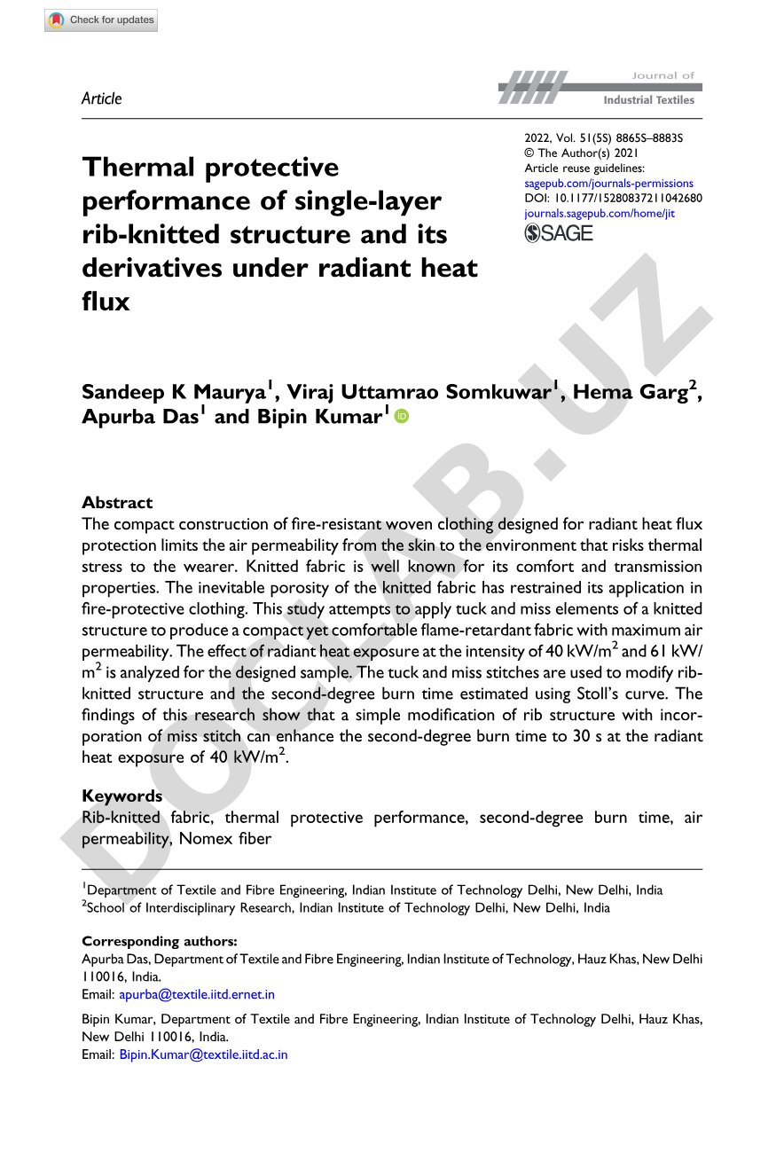 Thermal protective performance of single-layer rib-knitted structure and its derivatives under radiant heat flux