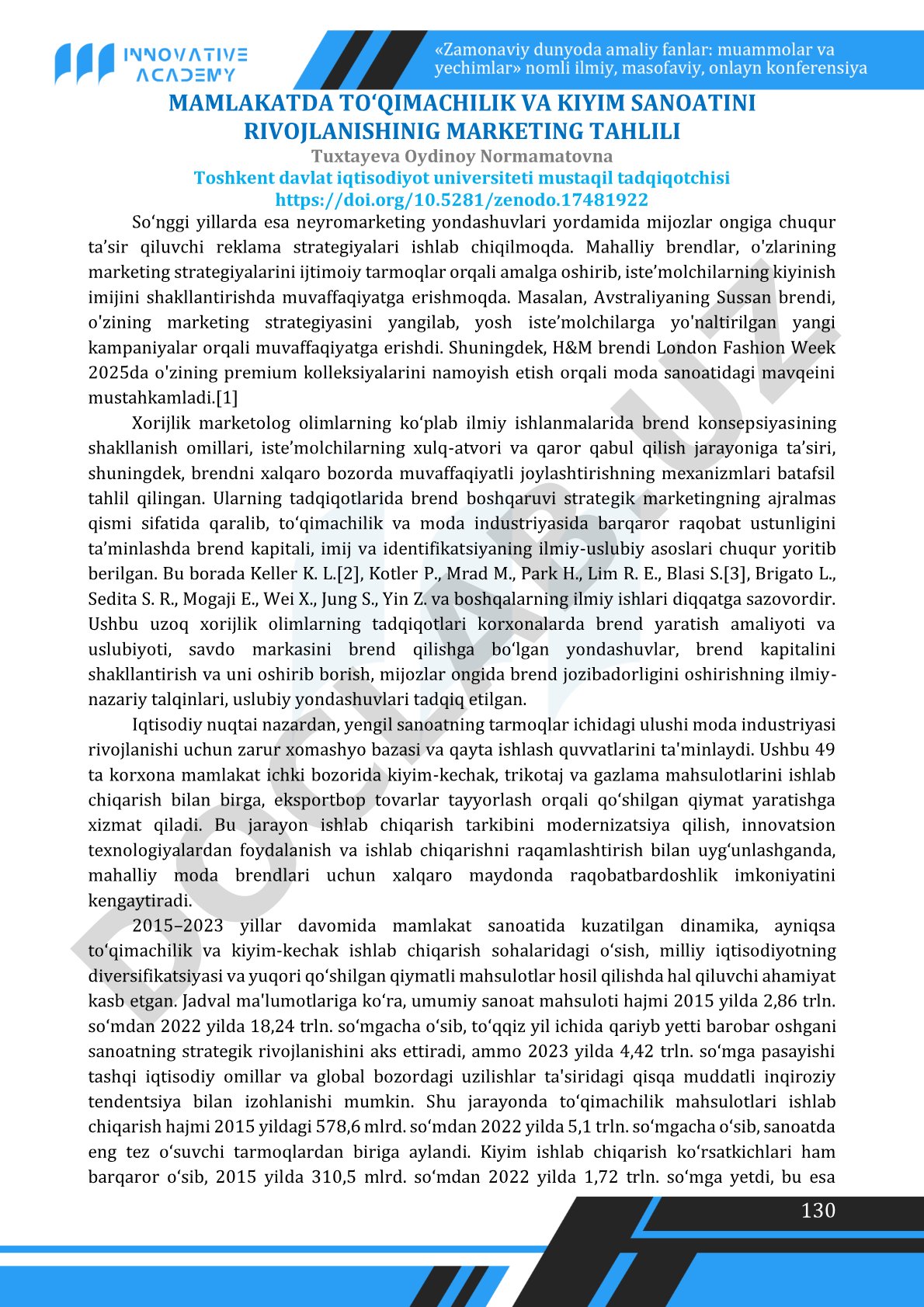 130 mamlakatda to‘qimachilik va kiyim sanoatini rivojlanishining marketing tahlili