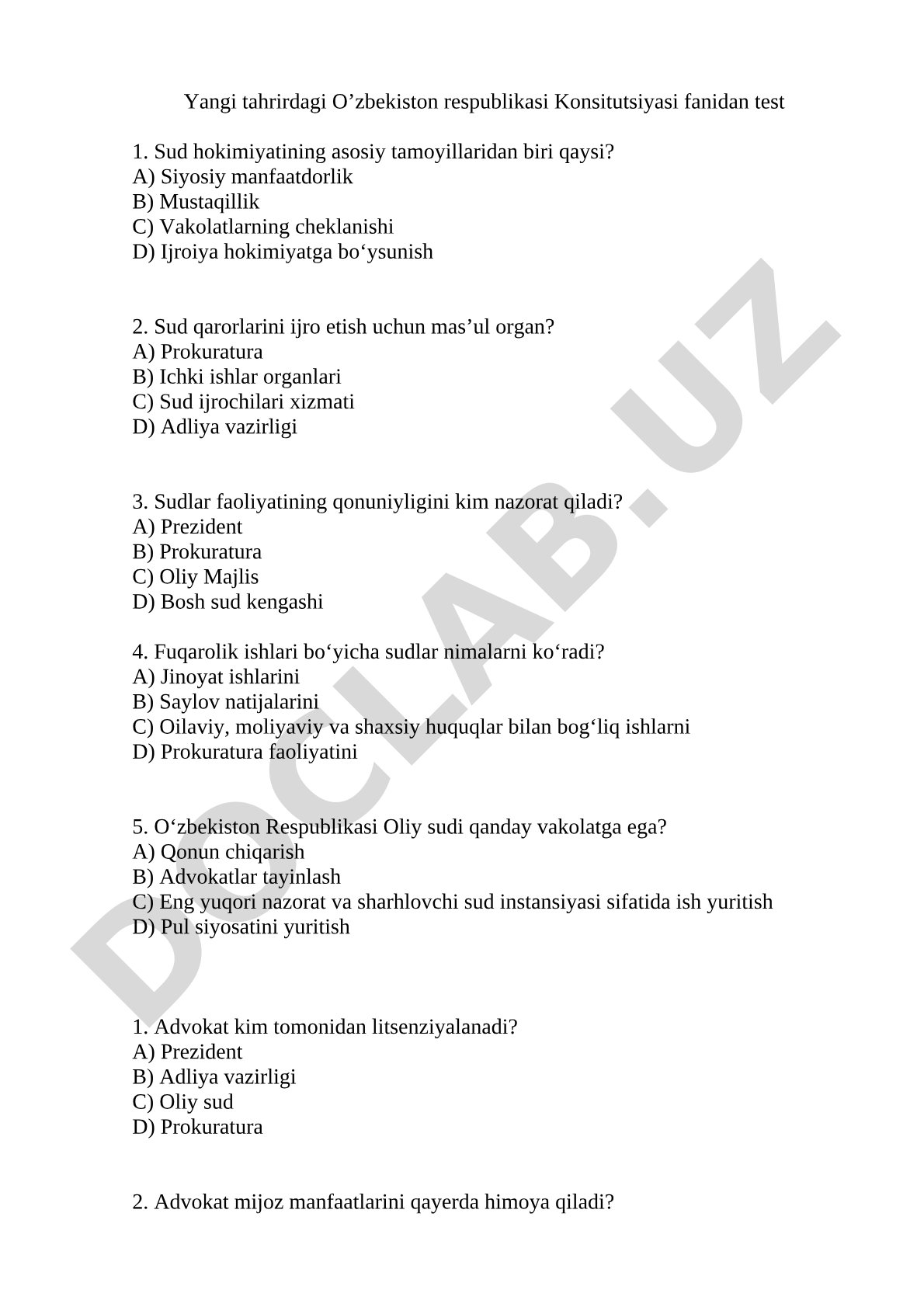 Yangi tahrirdagi O'zbekiston Respublikasi Konstitutsiyasi fanidan test