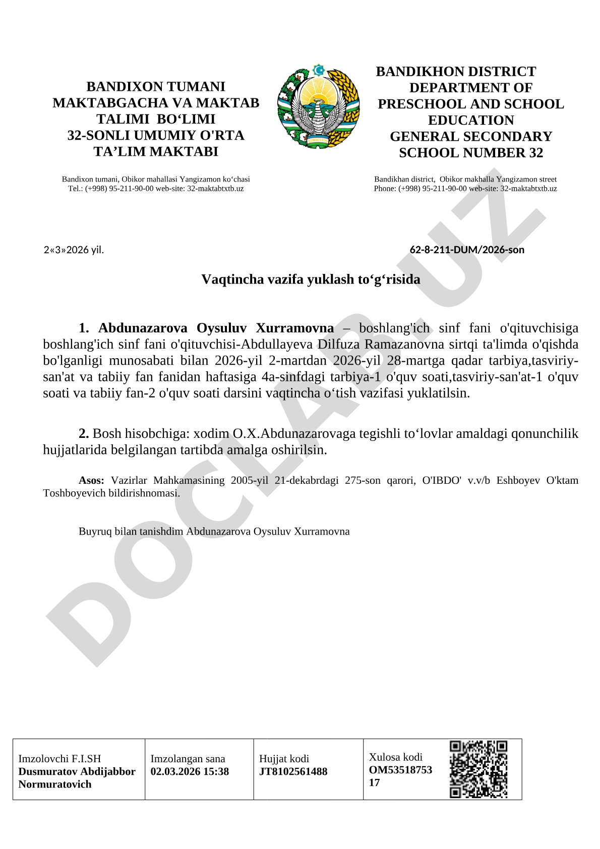 Vaqtincha vazifa yuklash to‘g‘risida