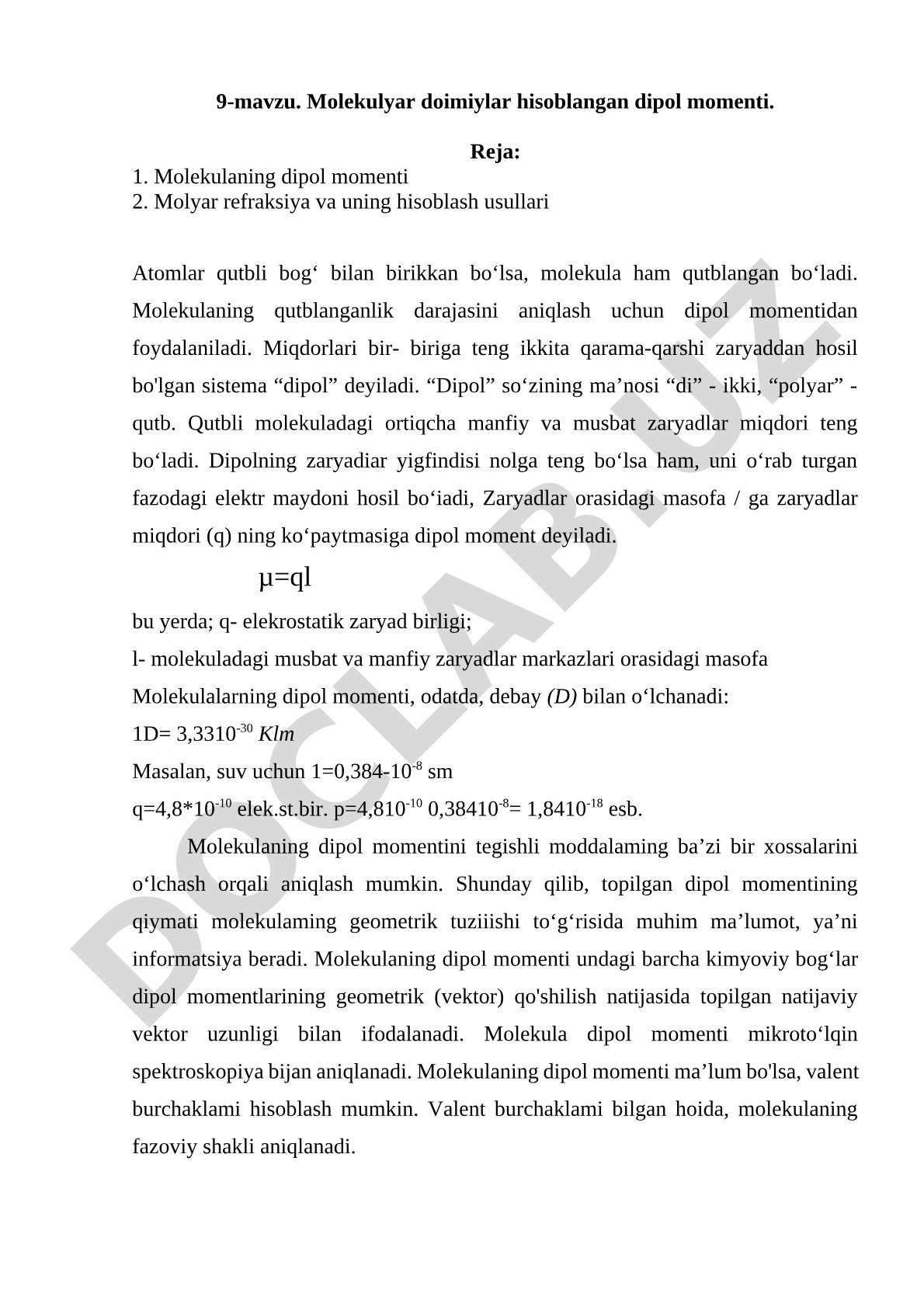 Molekulyar doimiylar hisoblangan dipol momenti
