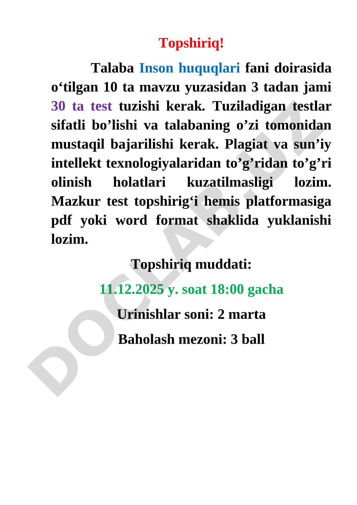 Inson huquqlari fanidan test topshirig'i