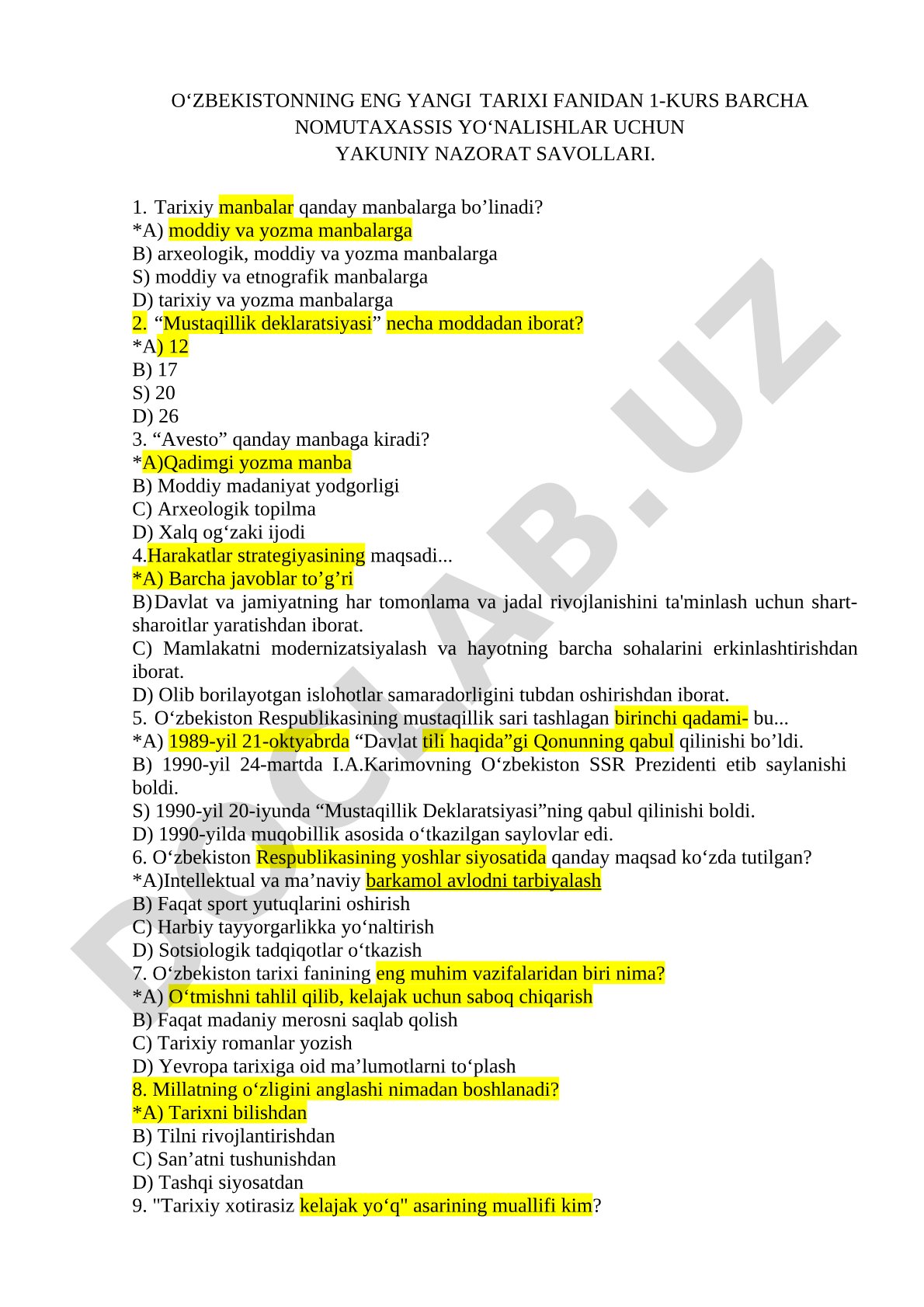 O‘zbekistonning eng yangi tarixi fanidan 1-kurs barcha nomutaxassis yo‘nalishlar uchun yakuniy nazorat savollari