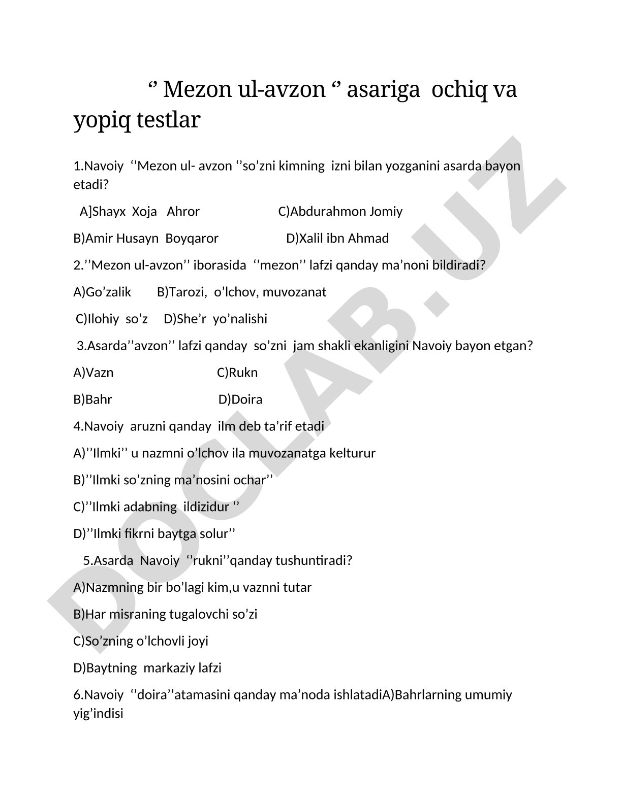 Mezon ul-avzon asariga ochiq va yopiq testlar