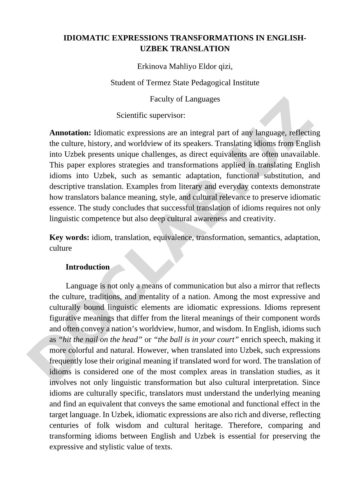 Idiomatic expressions transformations in English-Uzbek translation