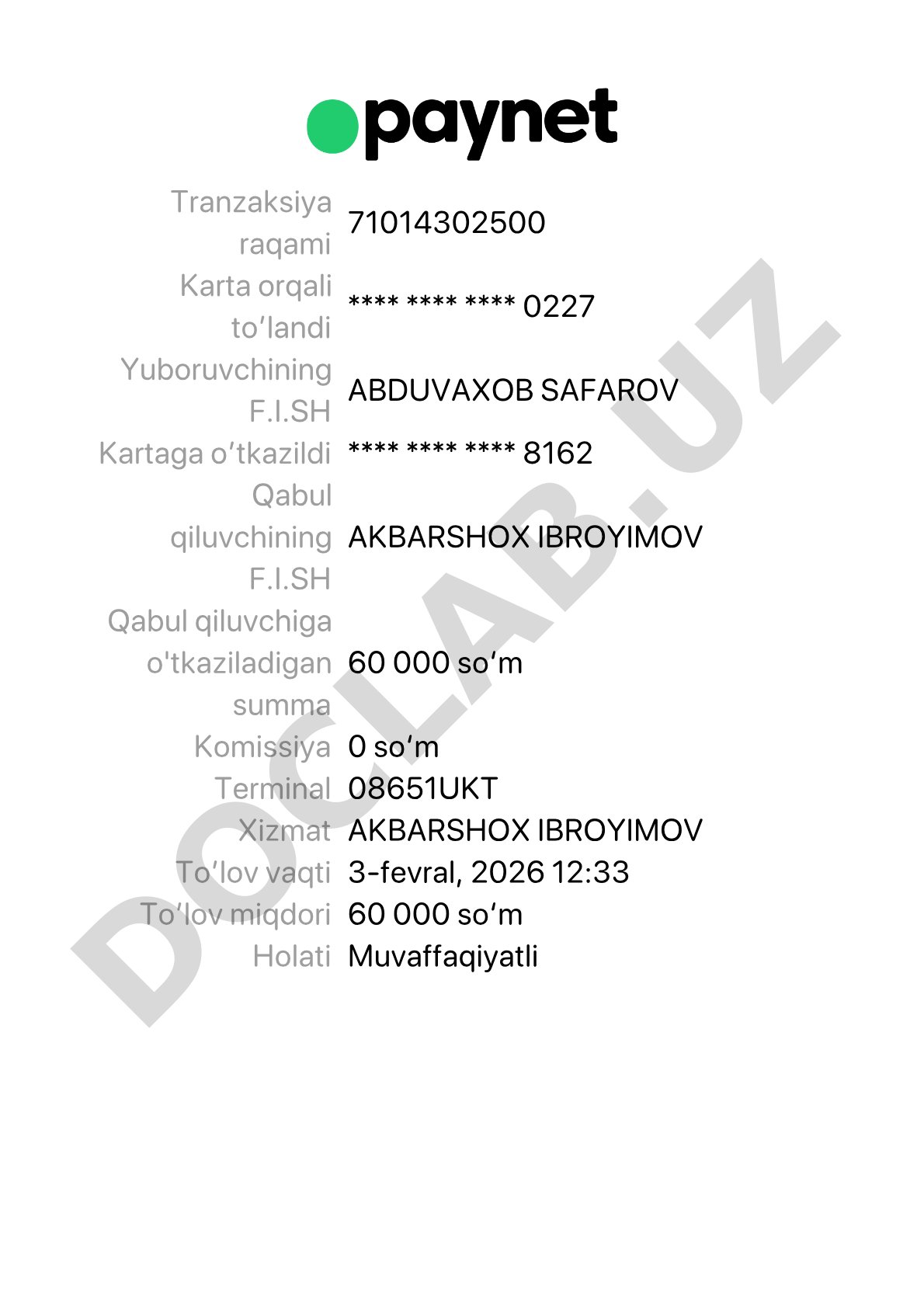 Pul o'tkazmasi: ABDUVAXOB SAFAROVdan AKBARSHOX IBROYIMOVga
