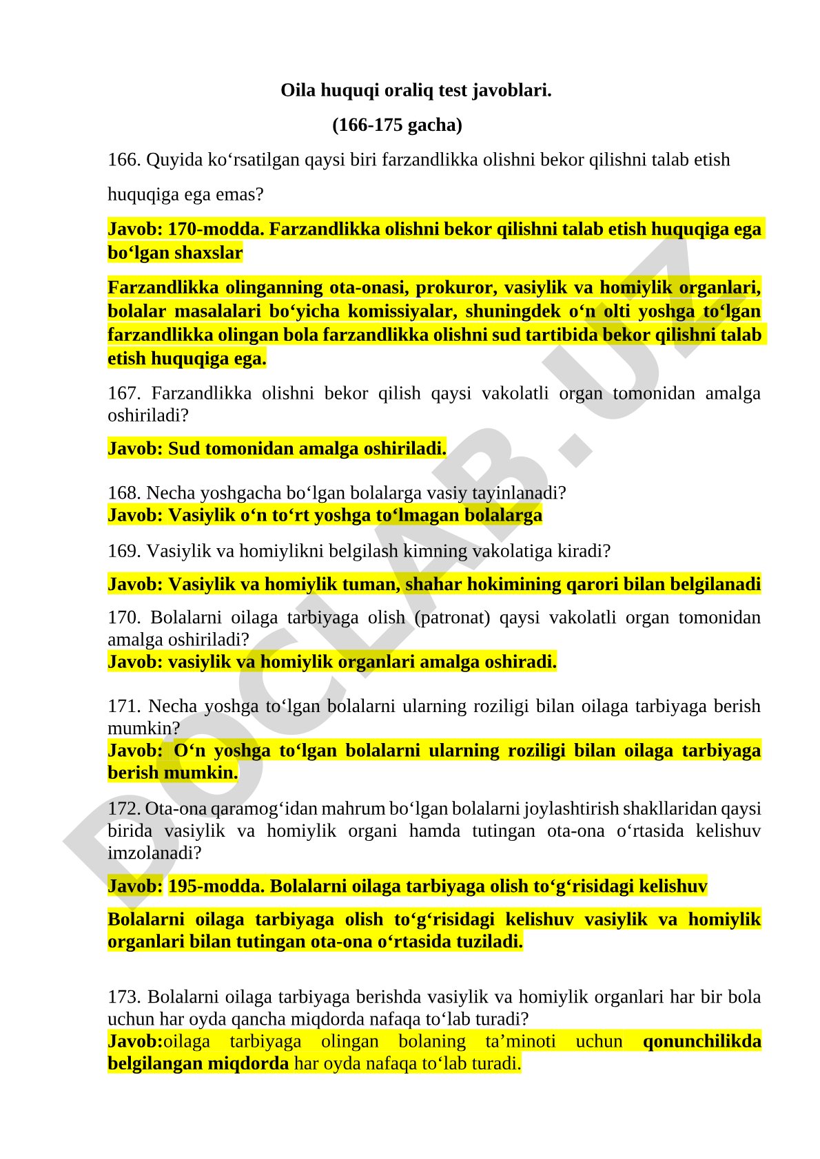 Oila huquqi oraliq test javoblari
