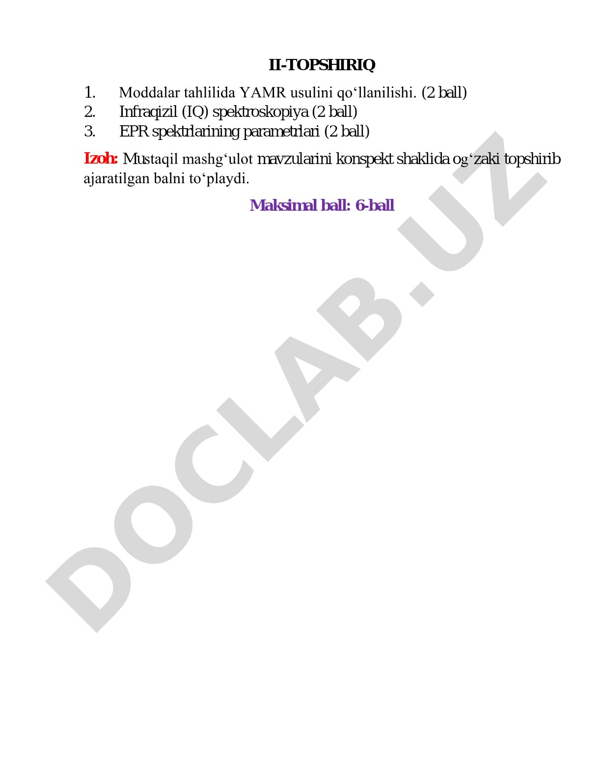 Moddalar tahlilida YAMR usuli, IQ spektroskopiya, EPR spektrlar parametrlari