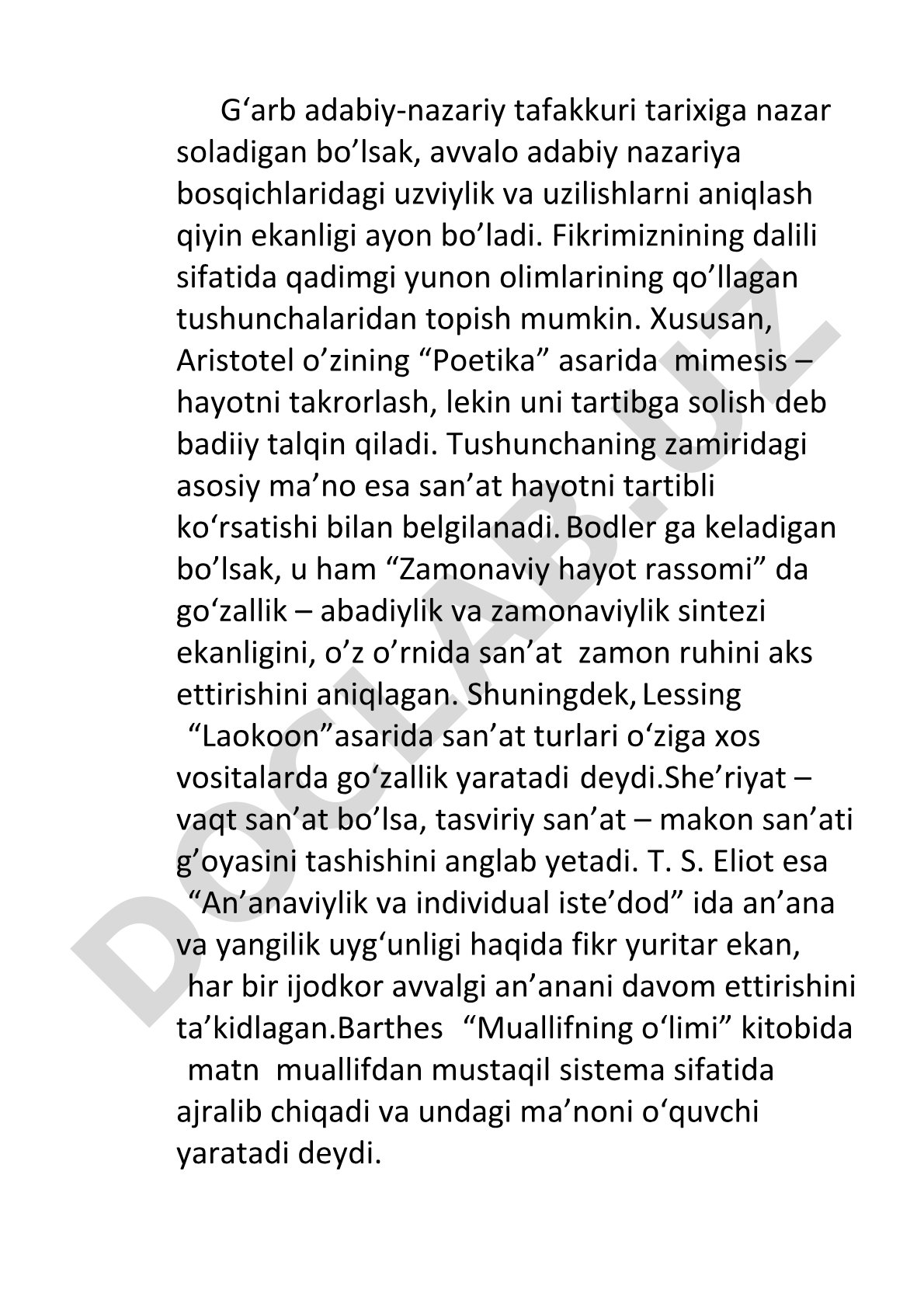 G'arb adabiy-nazariy tafakkuri tarixi
