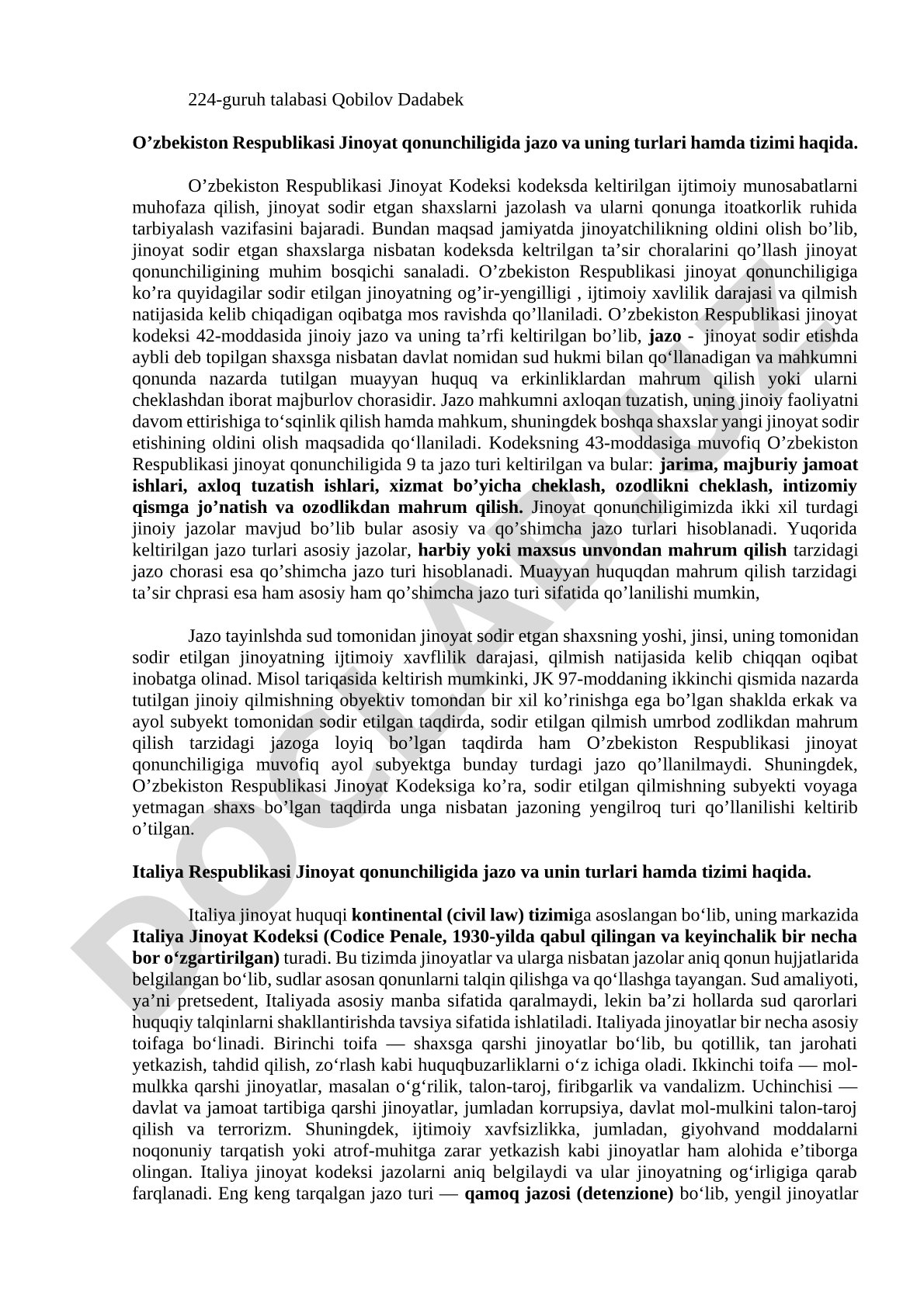 O'zbekiston Respublikasi Jinoyat qonunchiligida jazo va uning turlari hamda tizimi