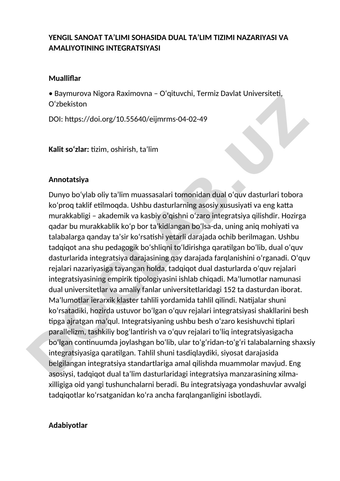 Yengil sanoat ta’limi sohasida dual ta’lim tizimi nazariyasi va amaliyotining integratsiyasi