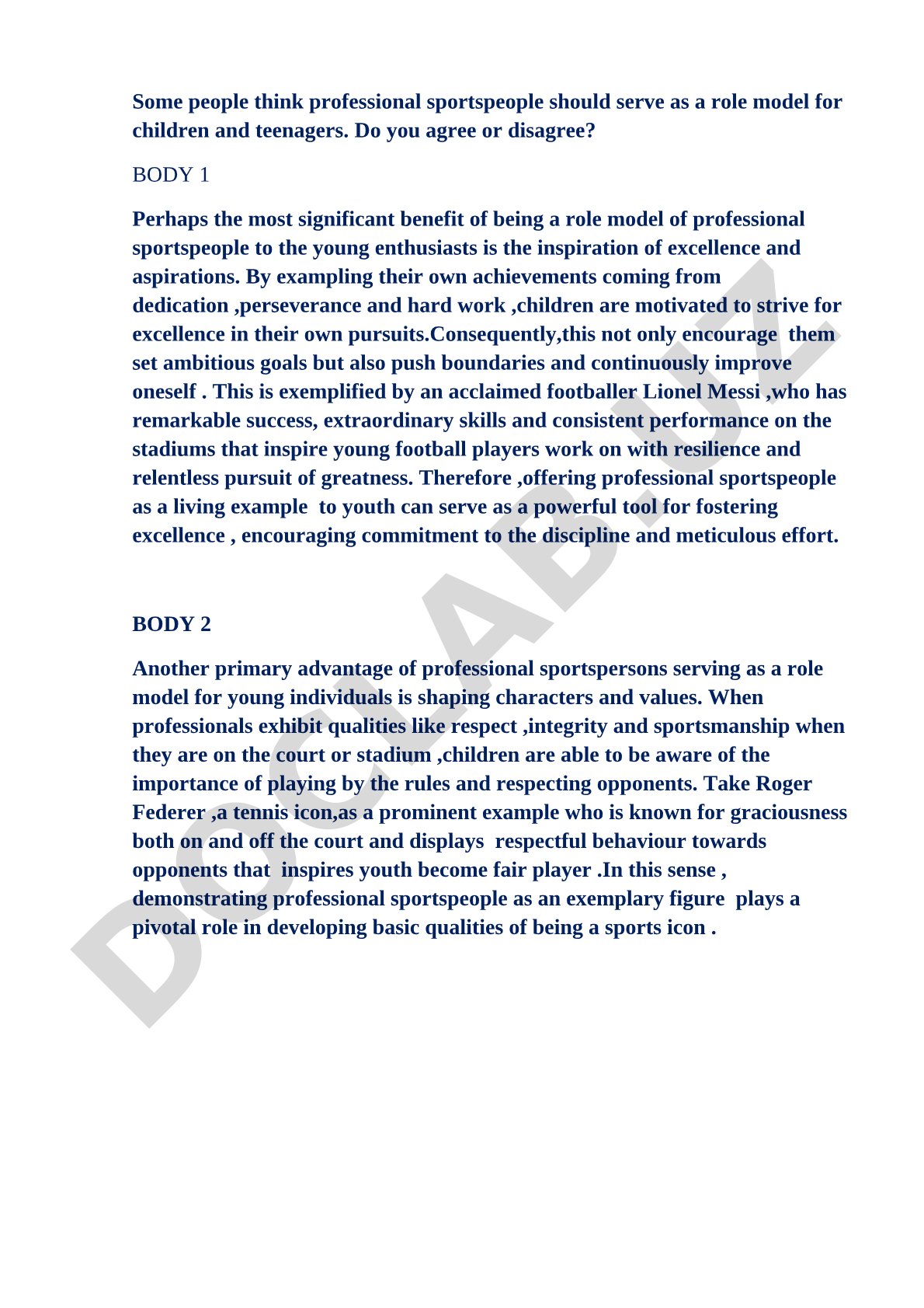 Professional sportspeople as role models for children and teenagers