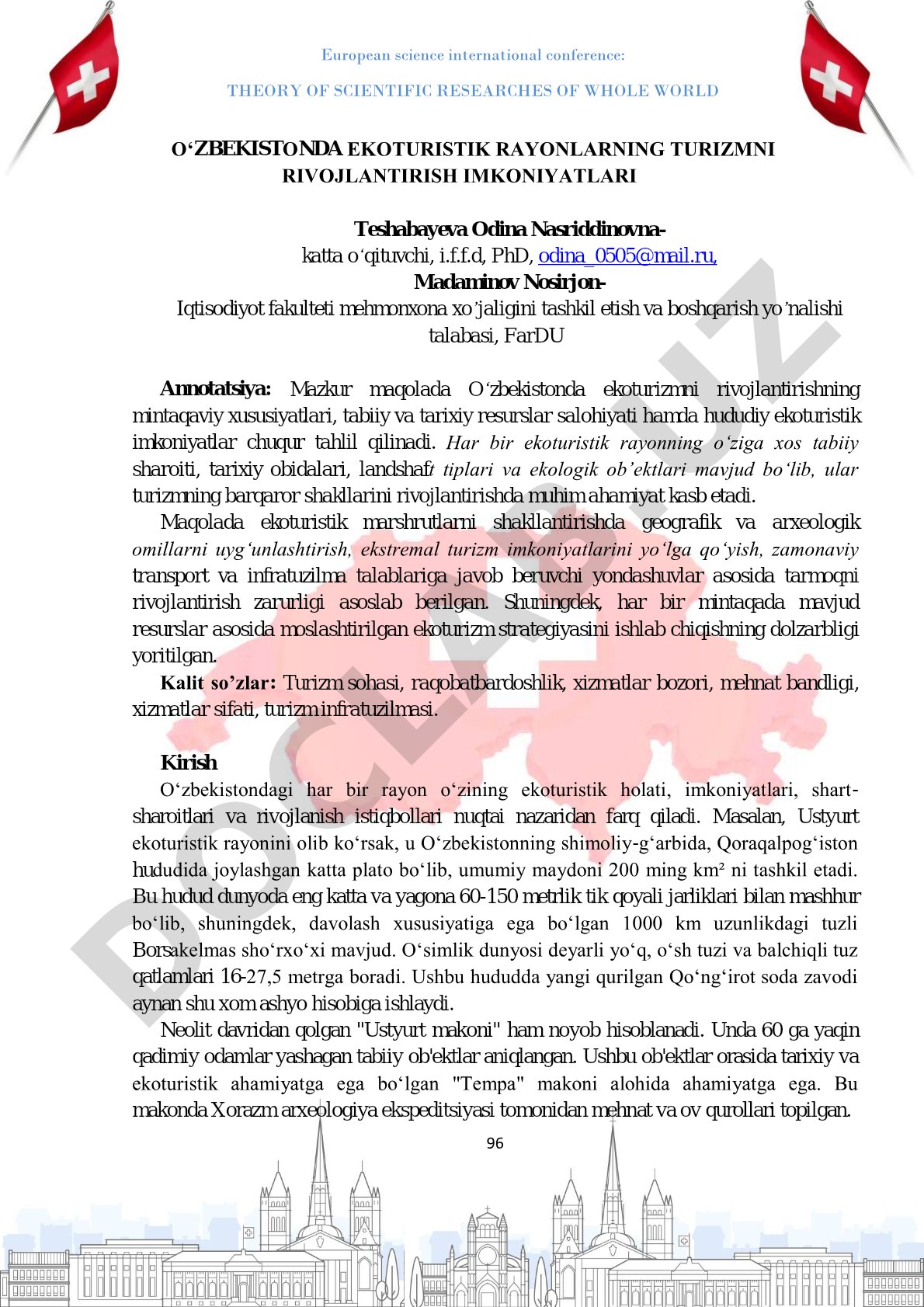 O'zbekistonda ekoturistik rayonlarning turizmni rivojlantirish imkoniyatlari