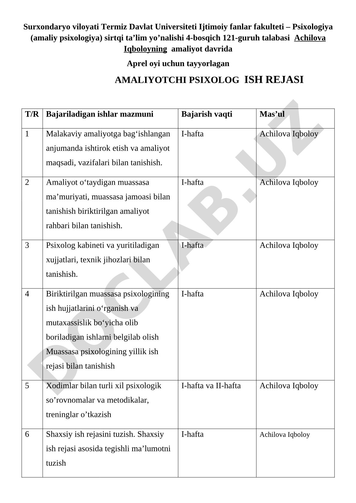 Amaliyotchi psixolog ish rejasi