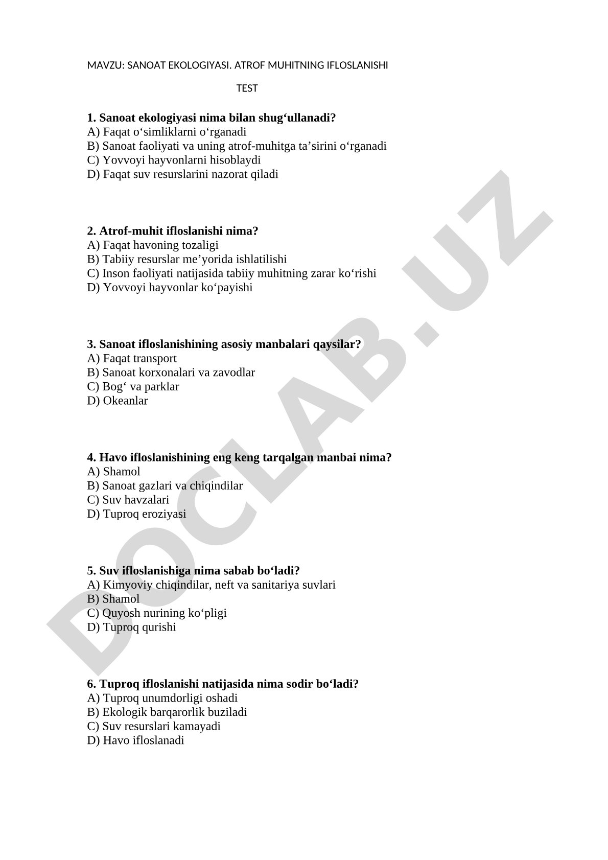 Sanoat ekologiyasi. Atrof muhitning ifloslanishi test
