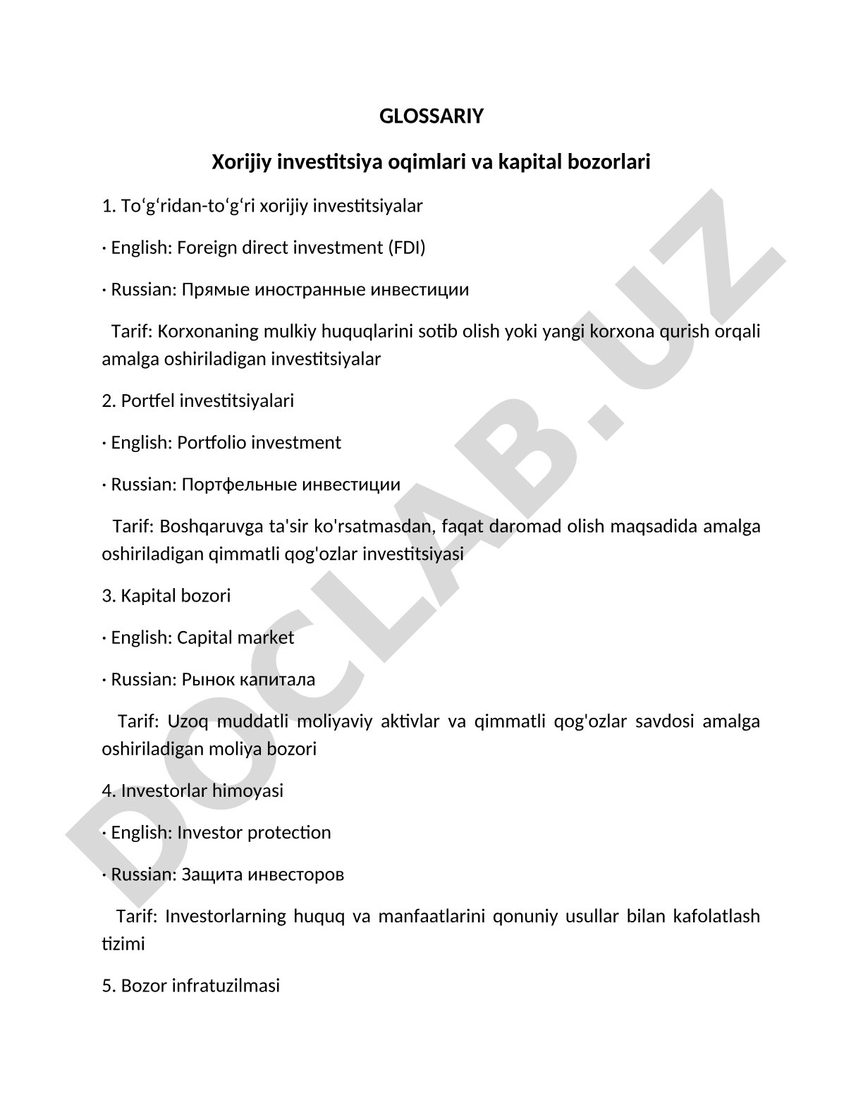 Glossariy: Xorijiy investitsiya oqimlari va kapital bozorlari
