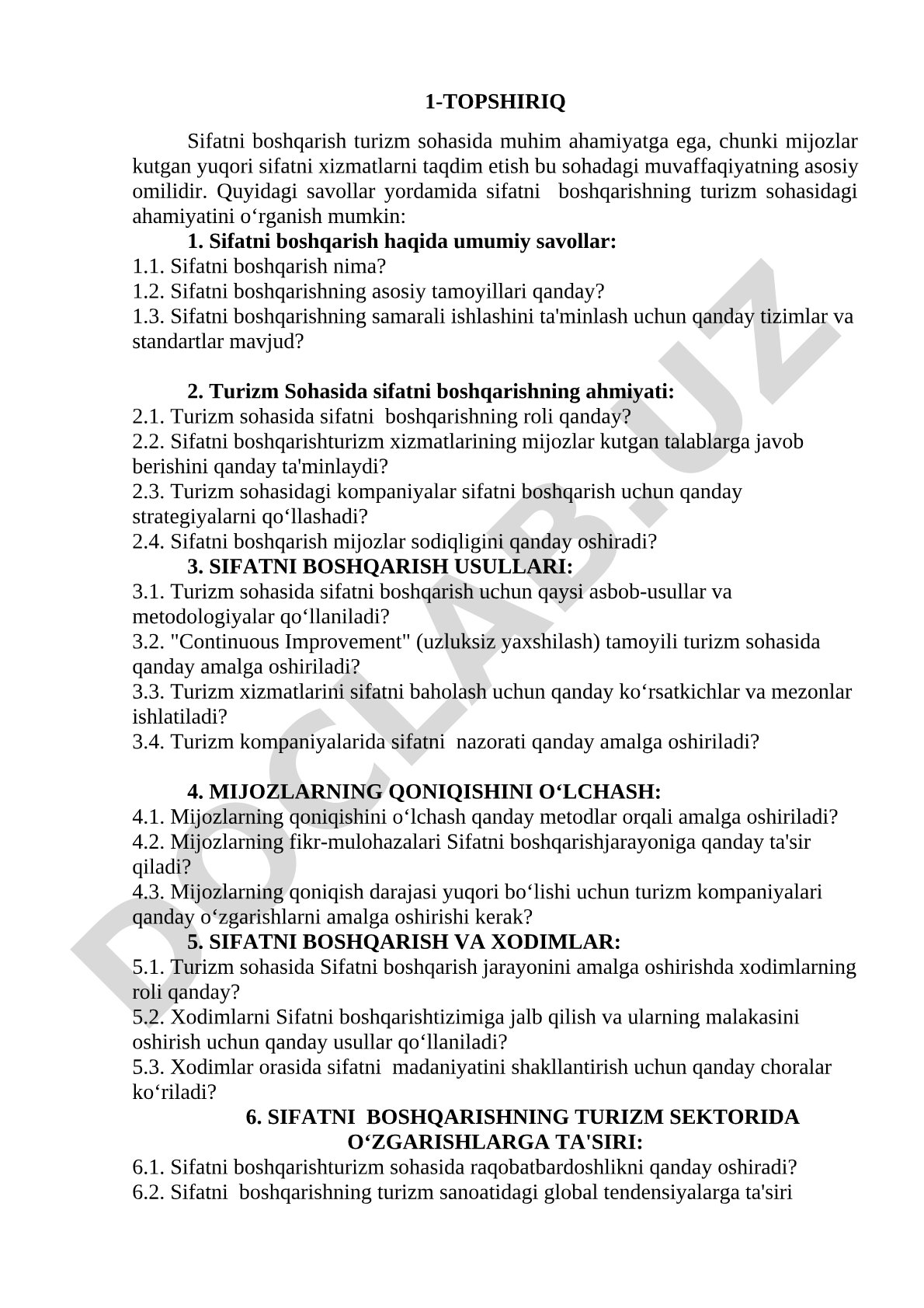 Sifatni boshqarish turizm sohasida