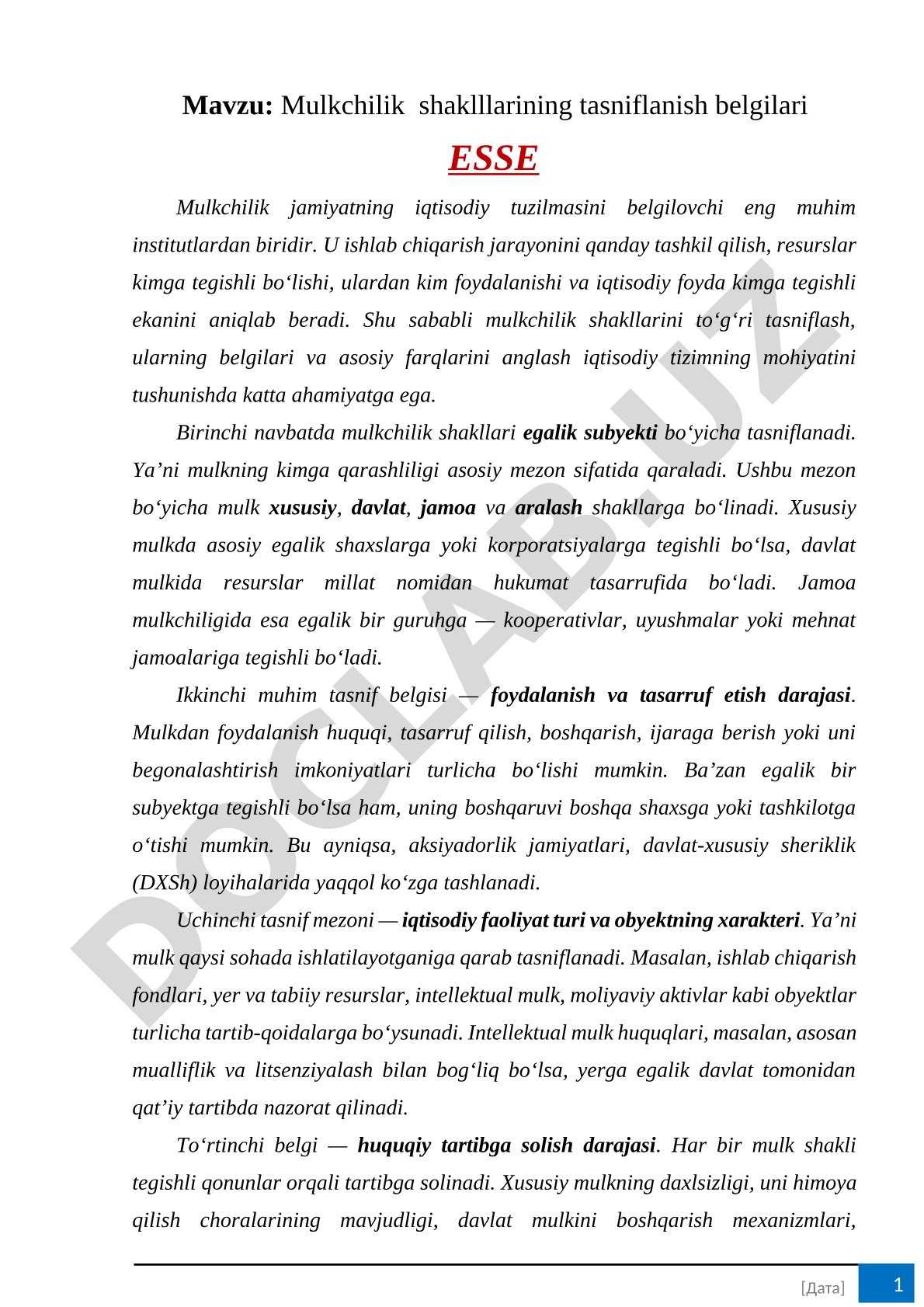 Mulkchilik shaklllarining tasniflanish belgilari