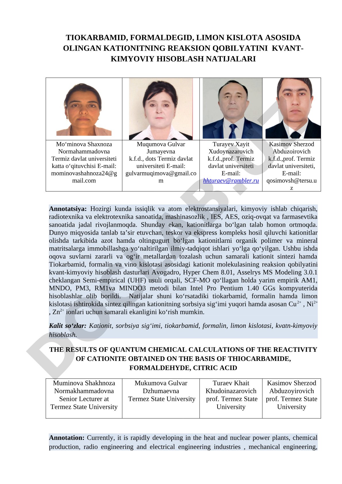 Tiokarbamid, formaldegid, limon kislota asosida olingan kationitning reaksion qobilyatini kvant-kimyoviy hisoblash natijalari