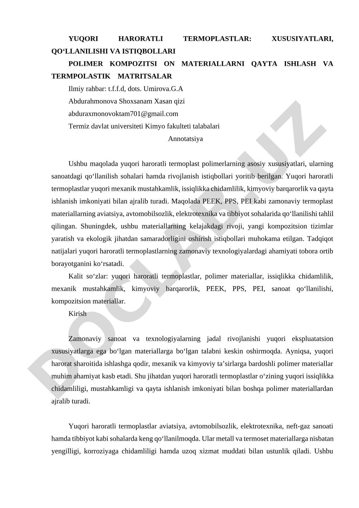 Yuqori haroratli termoplastlar: xususiyatlari, qo‘llanilishi va istiqbollari