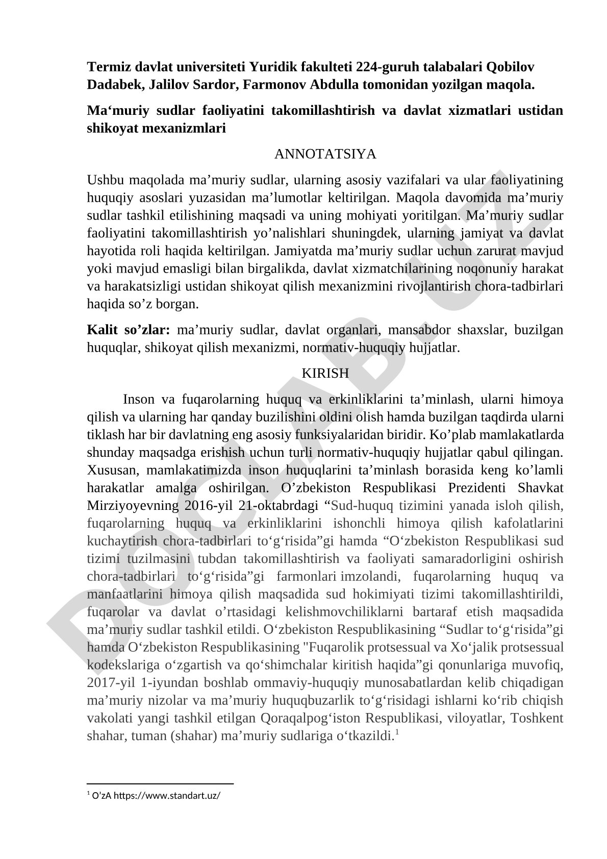 Ma'muriy sudlar faoliyatini takomillashtirish va davlat xizmatlari ustidan shikoyat mexanizmlari