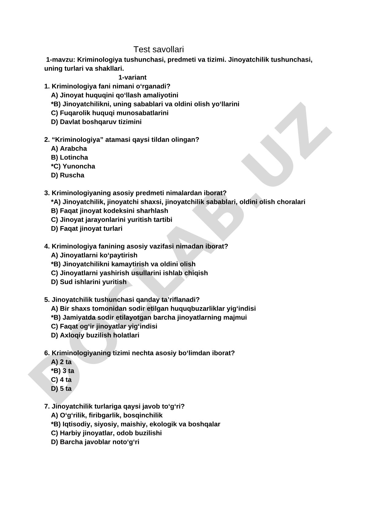 Kriminologiya tushunchasi, predmeti va tizimi. Jinoyatchilik tushunchasi, uning turlari va shakllari