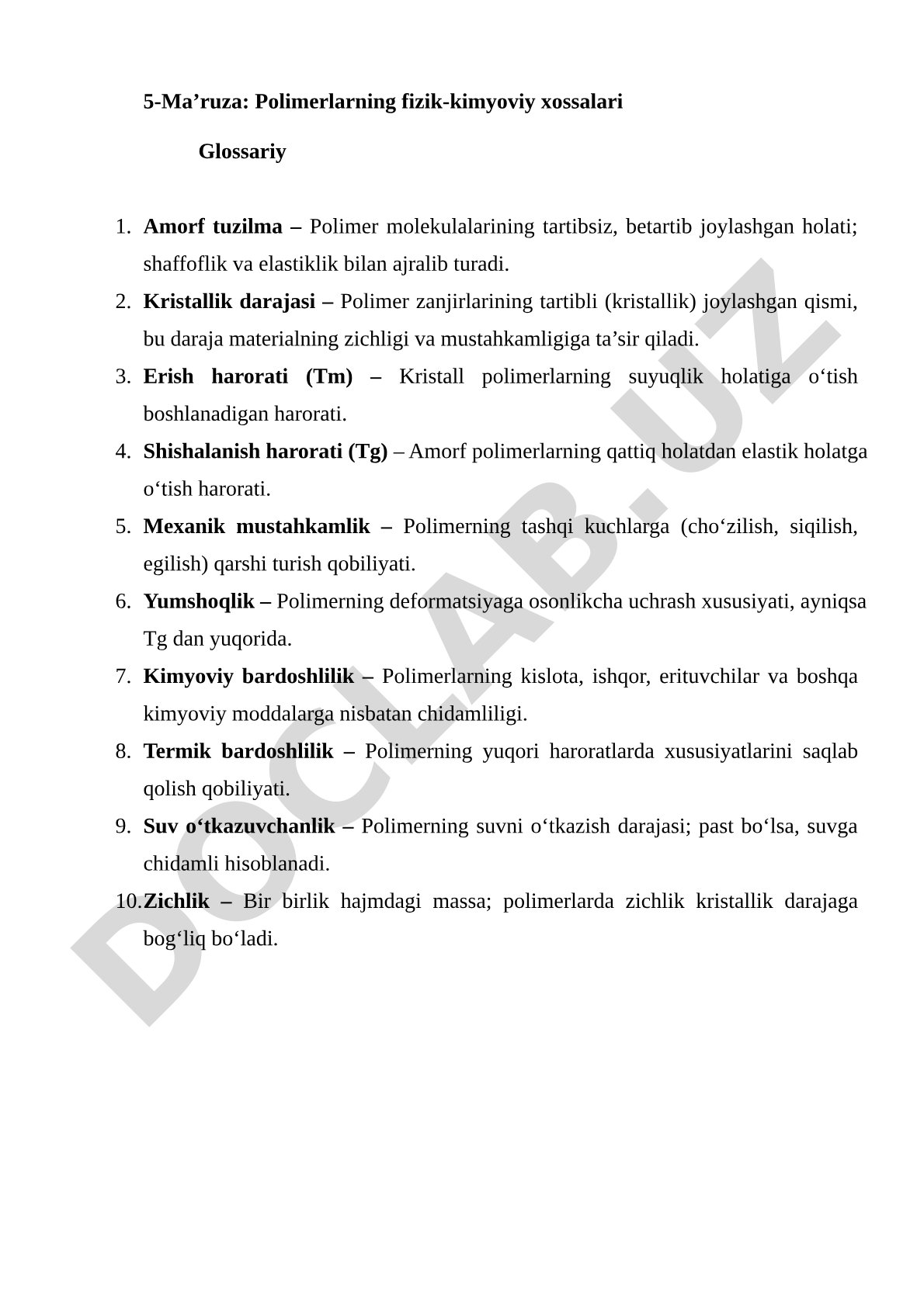 Polimerlarning fizik-kimyoviy xossalari