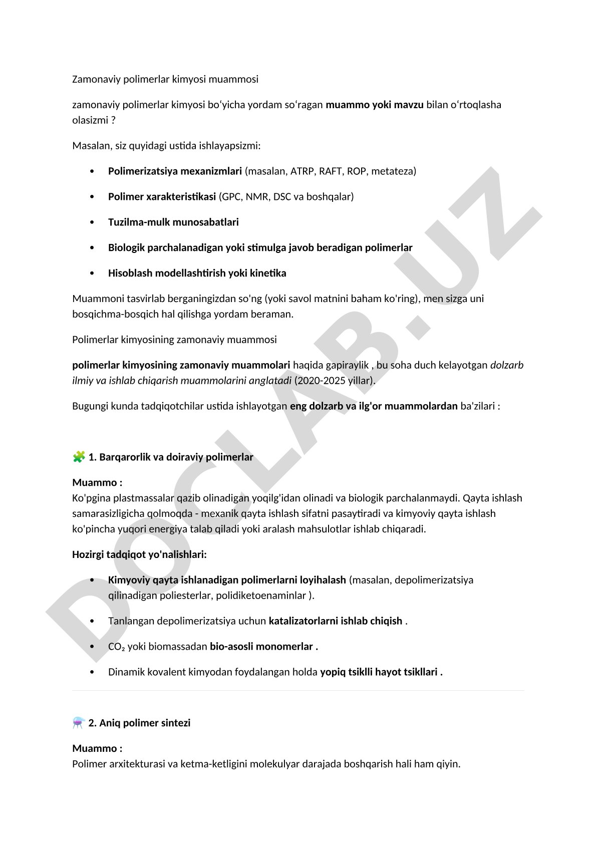 Zamonaviy polimerlar kimyosi muammolari