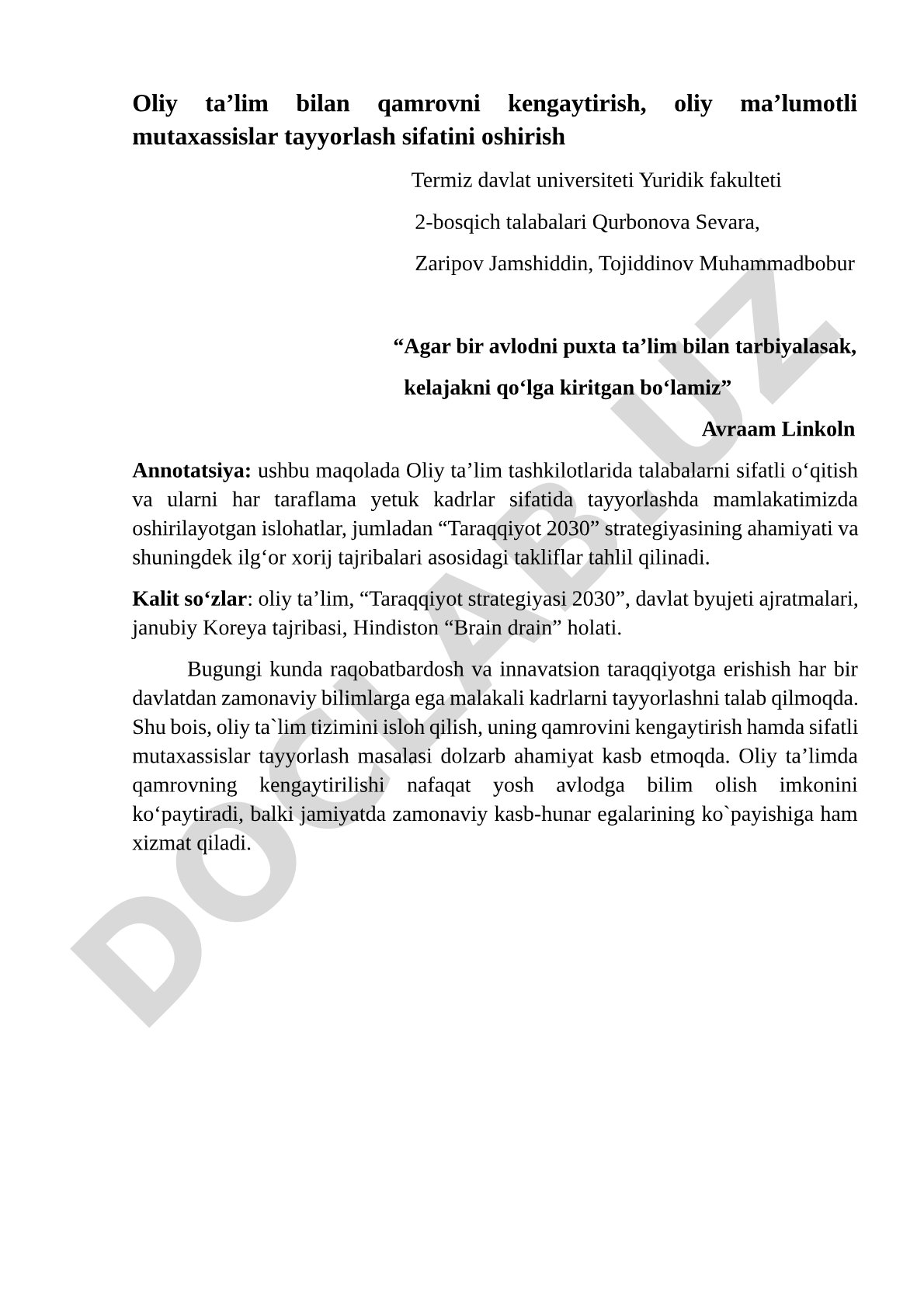 Oliy ta’lim bilan qamrovni kengaytirish va sifatli mutaxassislar tayyorlash