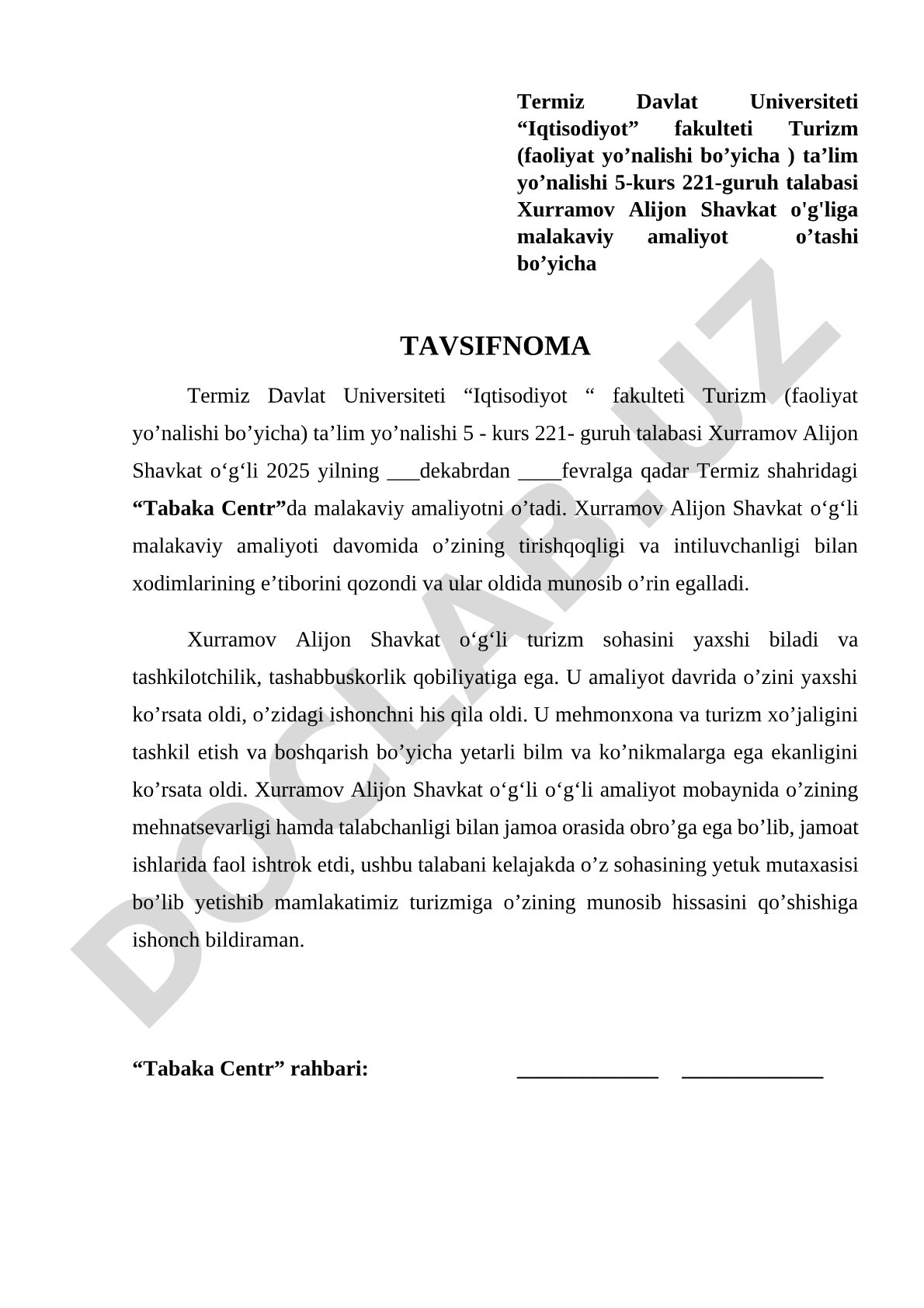 Xurramov Alijon Shavkat o'g'liga malakaviy amaliyot o'tashi bo'yicha tavsifnoma