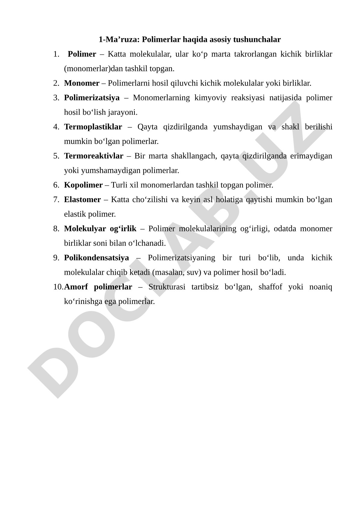Polimerlar haqida asosiy tushunchalar