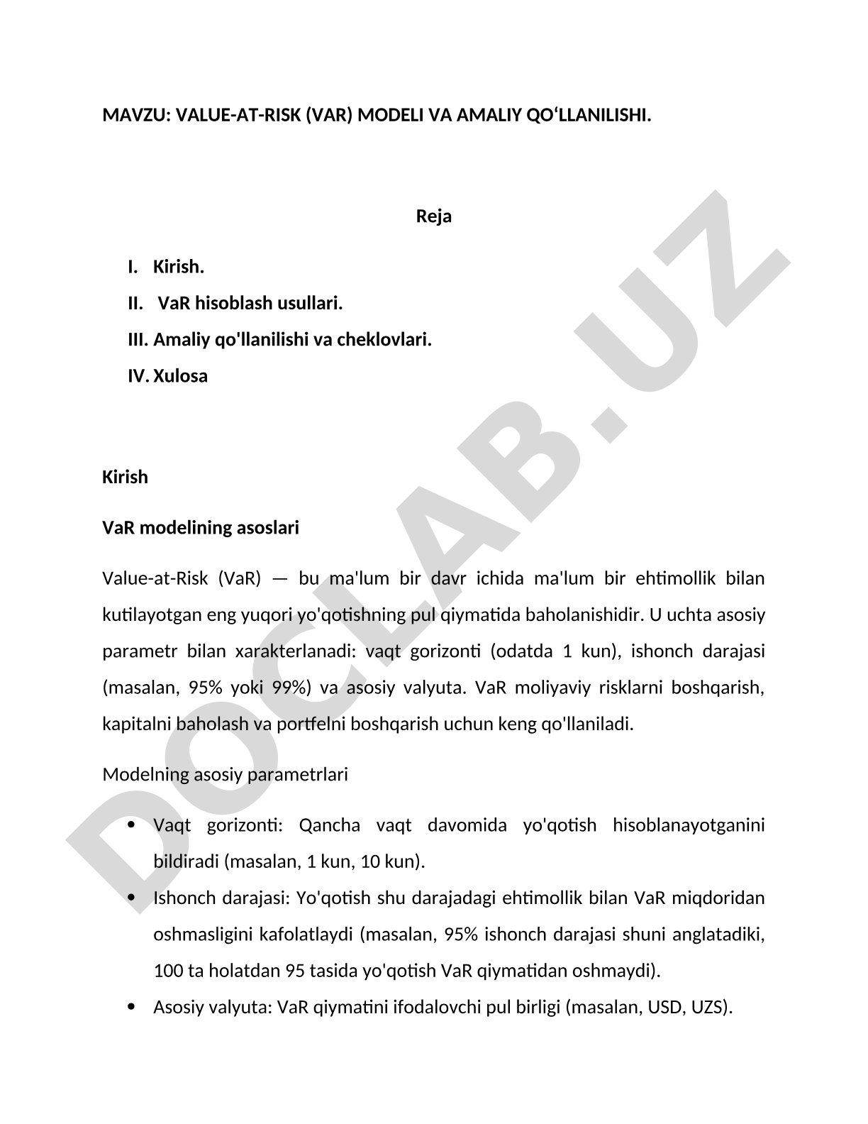 Value-at-Risk (VaR) modeli va amaliy qo'llanilishi