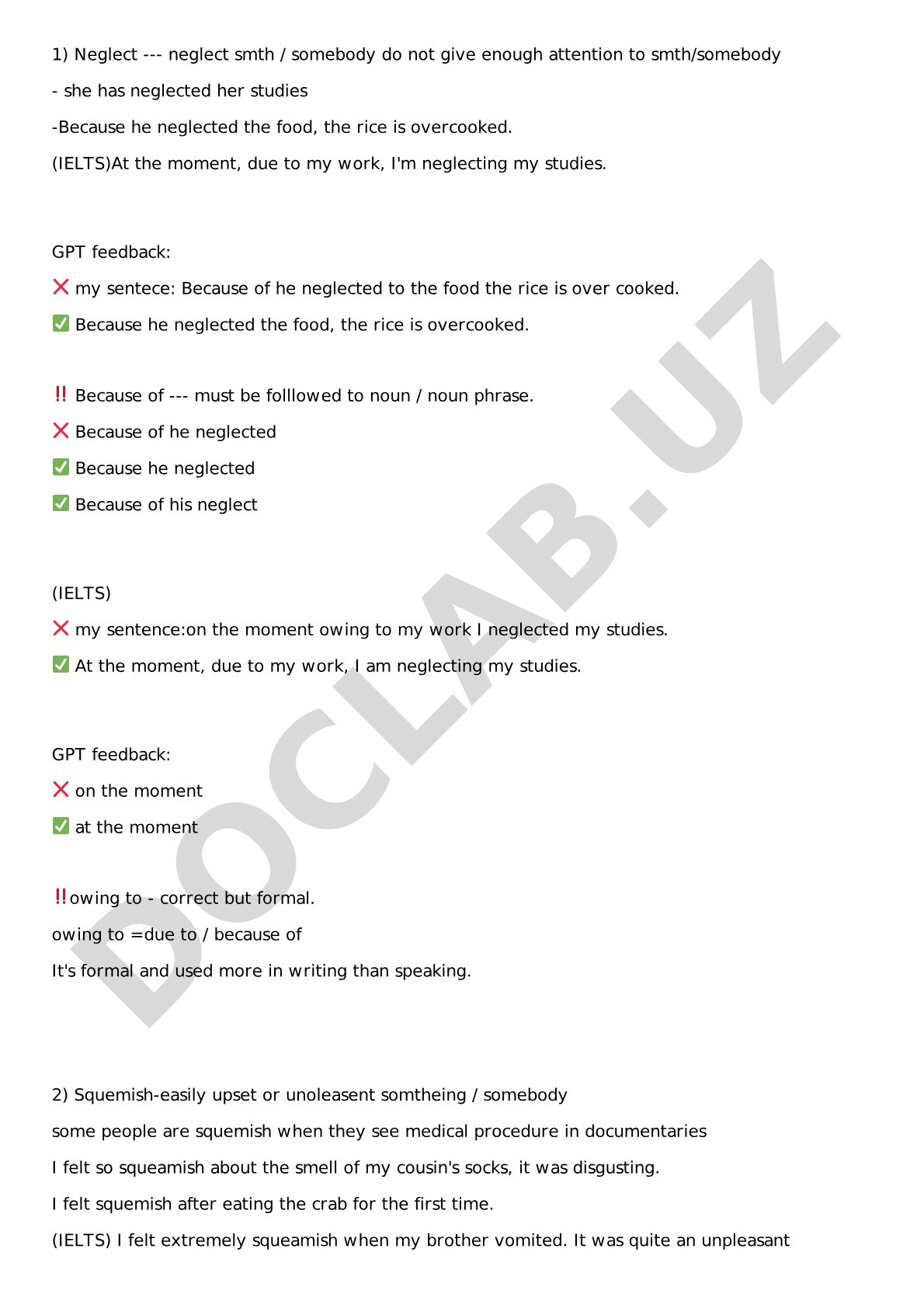 Neglect and Squeamish: Vocabulary Examples