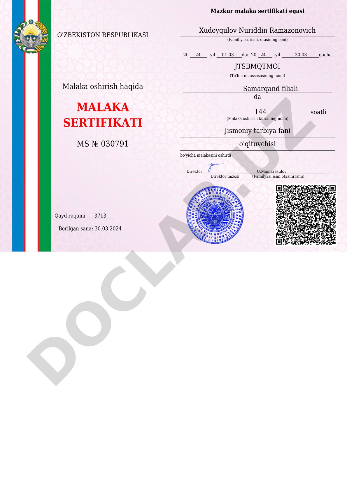 Jismoniy tarbiya fani o'qituvchisi malaka sertifikati