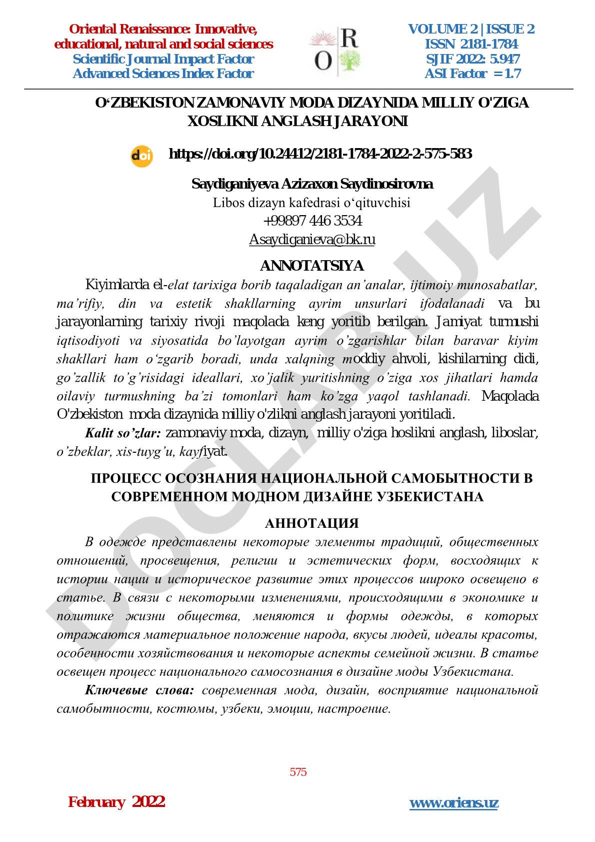 O'zbekiston zamonaviy moda dizaynida milliy o'ziga xoslikni anglash jarayoni