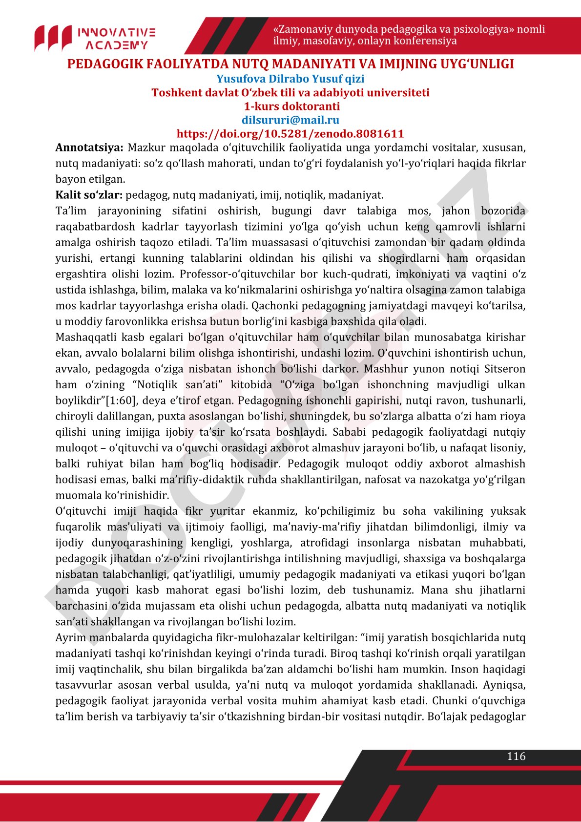 Pedagogik faoliyatda nutq madaniyati va imijning uyg'unligi