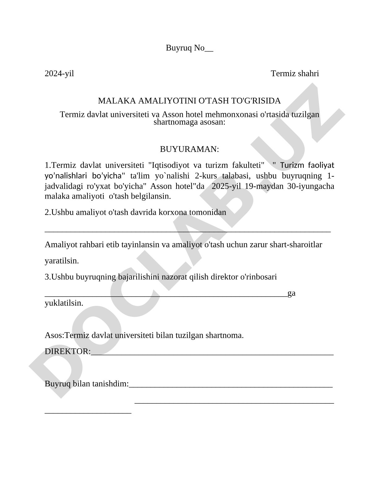 Malaka amaliyotini o'tash to'g'risida buyruq
