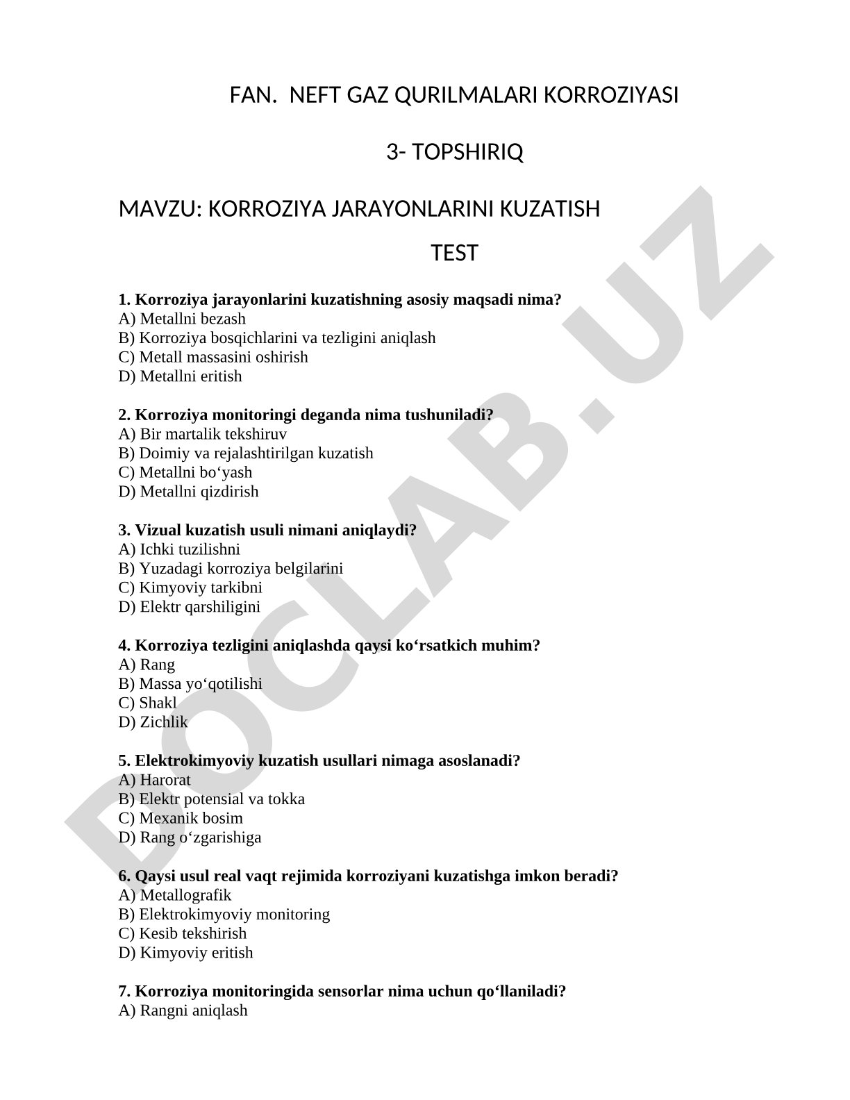 Korroziya jarayonlarini kuzatish test