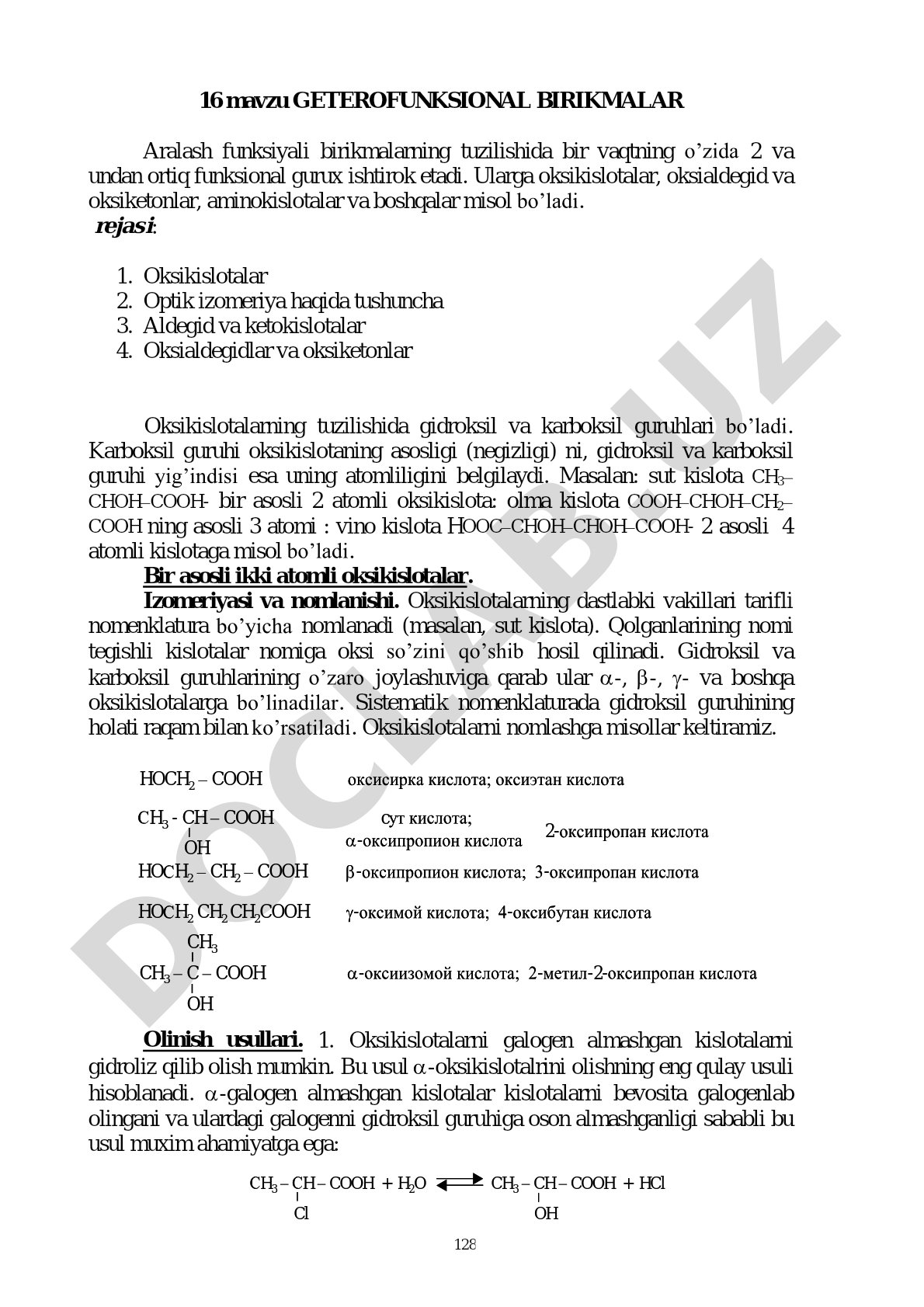 Geterofunksional birikmalar: oksikislotalar, optik izomeriya, aldegid va ketokislotalar