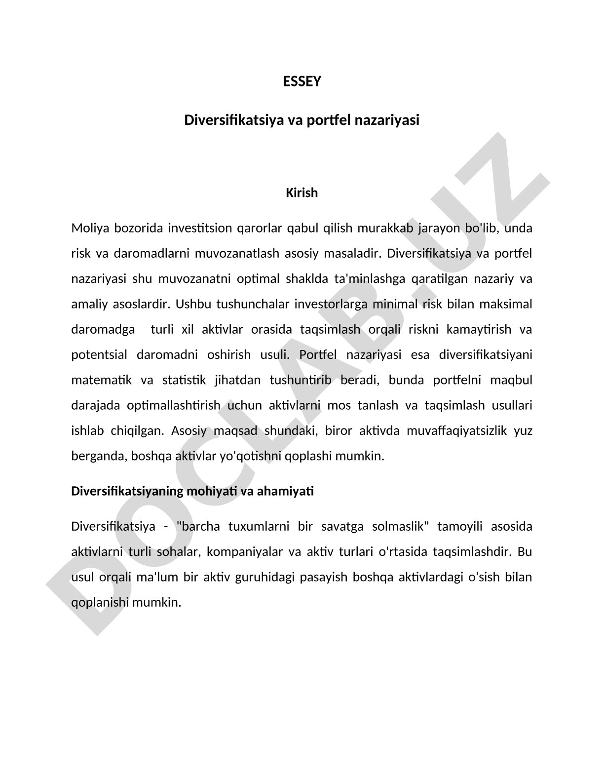 Diversifikatsiya va portfel nazariyasi