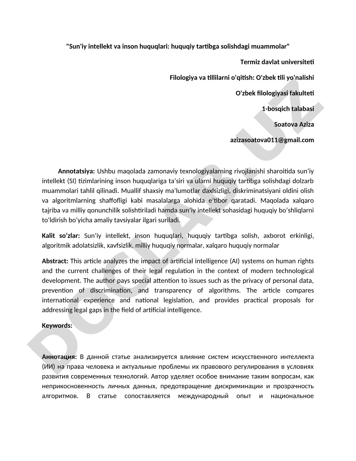 Sun'iy intellekt va inson huquqlari: huquqiy tartibga solishdagi muammolar