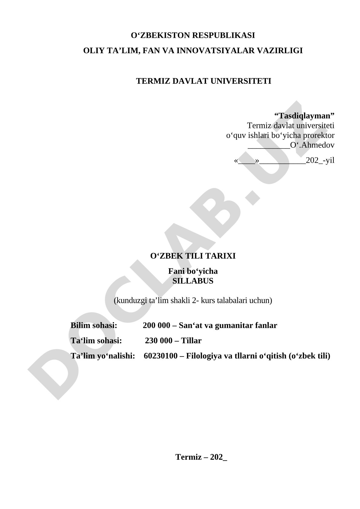 O'zbek tili tarixi fani bo'yicha sillabus